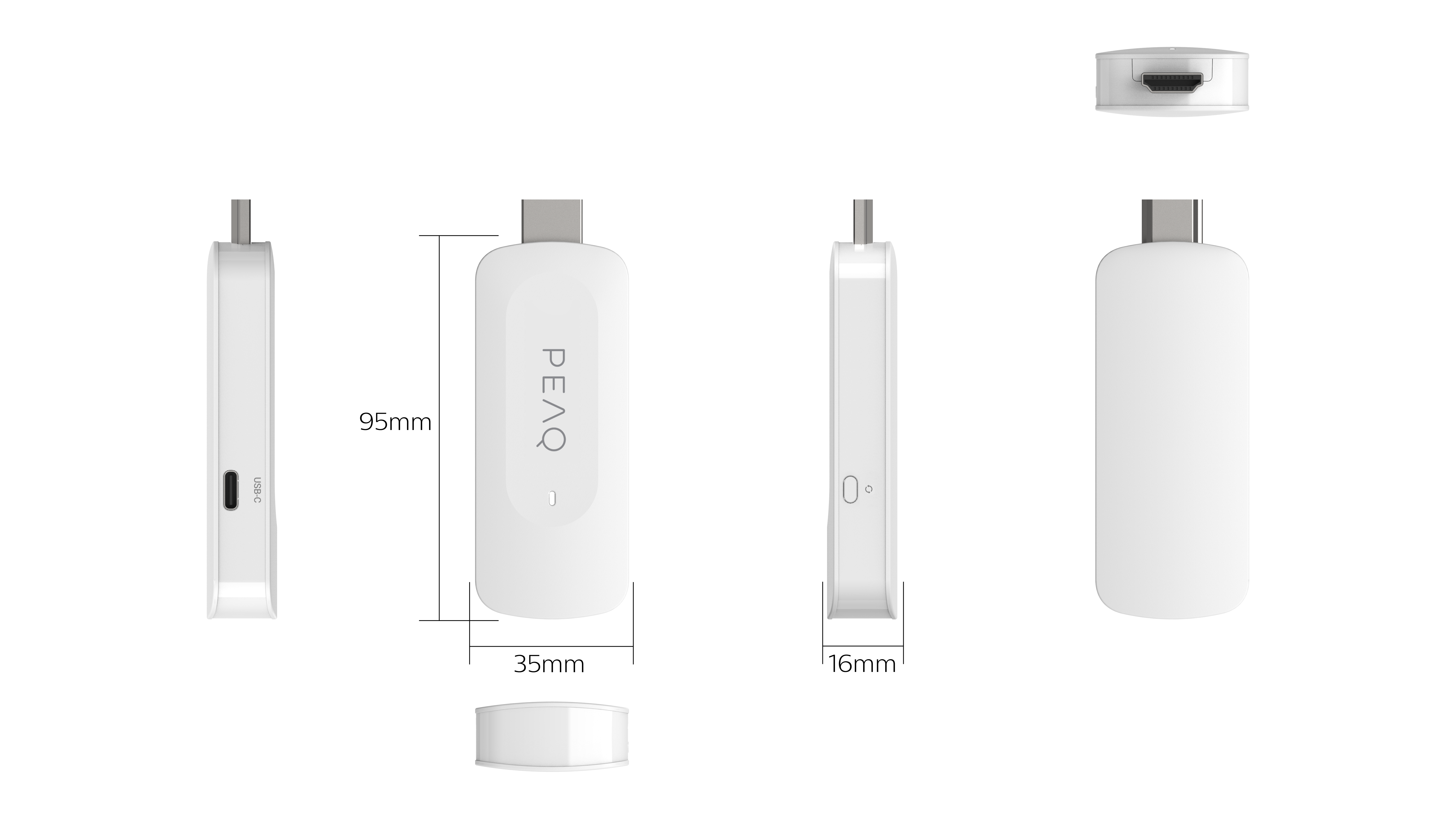 Fehér streaming eszköz USB-C és HDMI portokkal. PEAQ logó látható. Több nézet az eszközről fekete háttér előtt.
