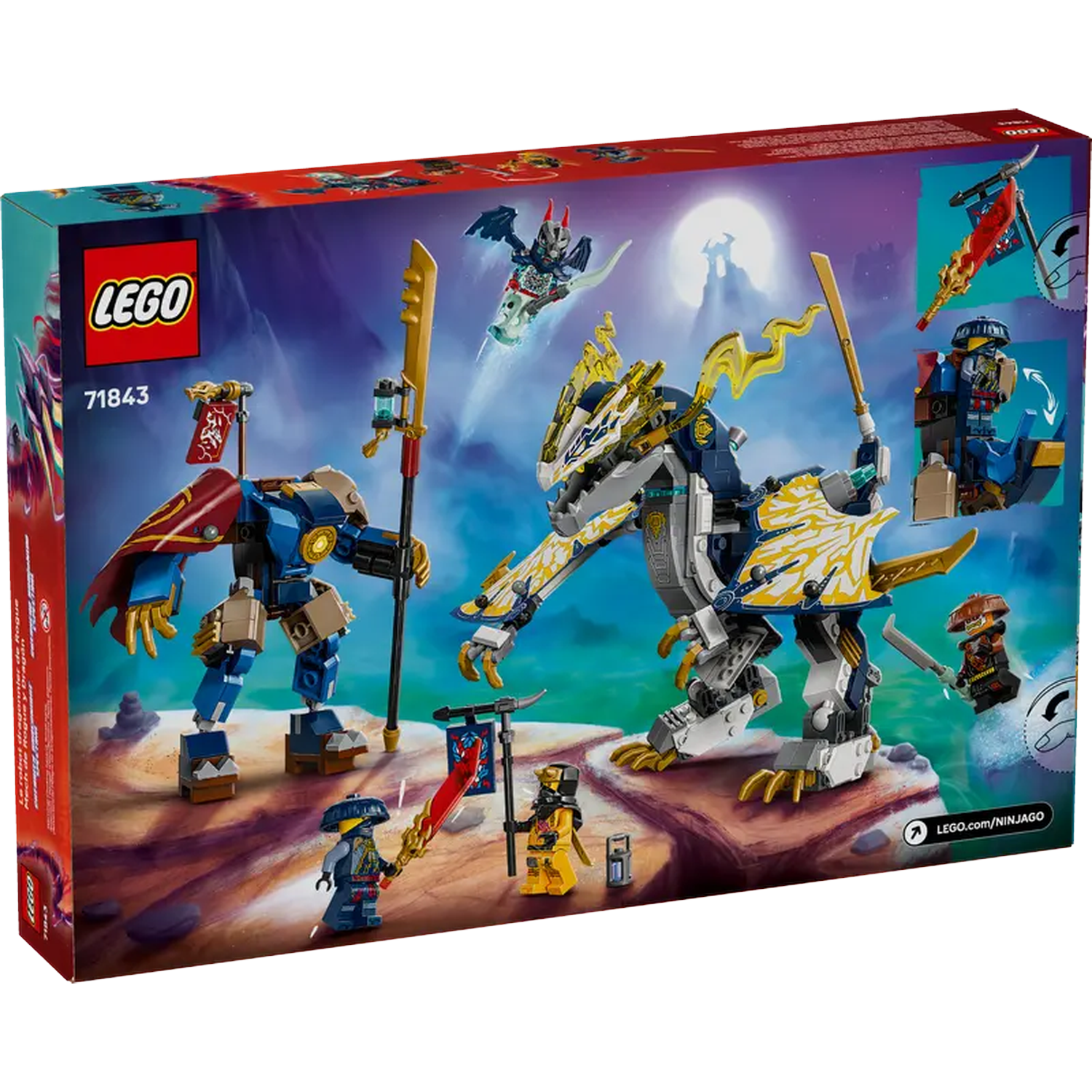 LEGO Ninjago box art. A dragon, robots, and minifigures are on a rocky landscape against a starry sky with a moon.