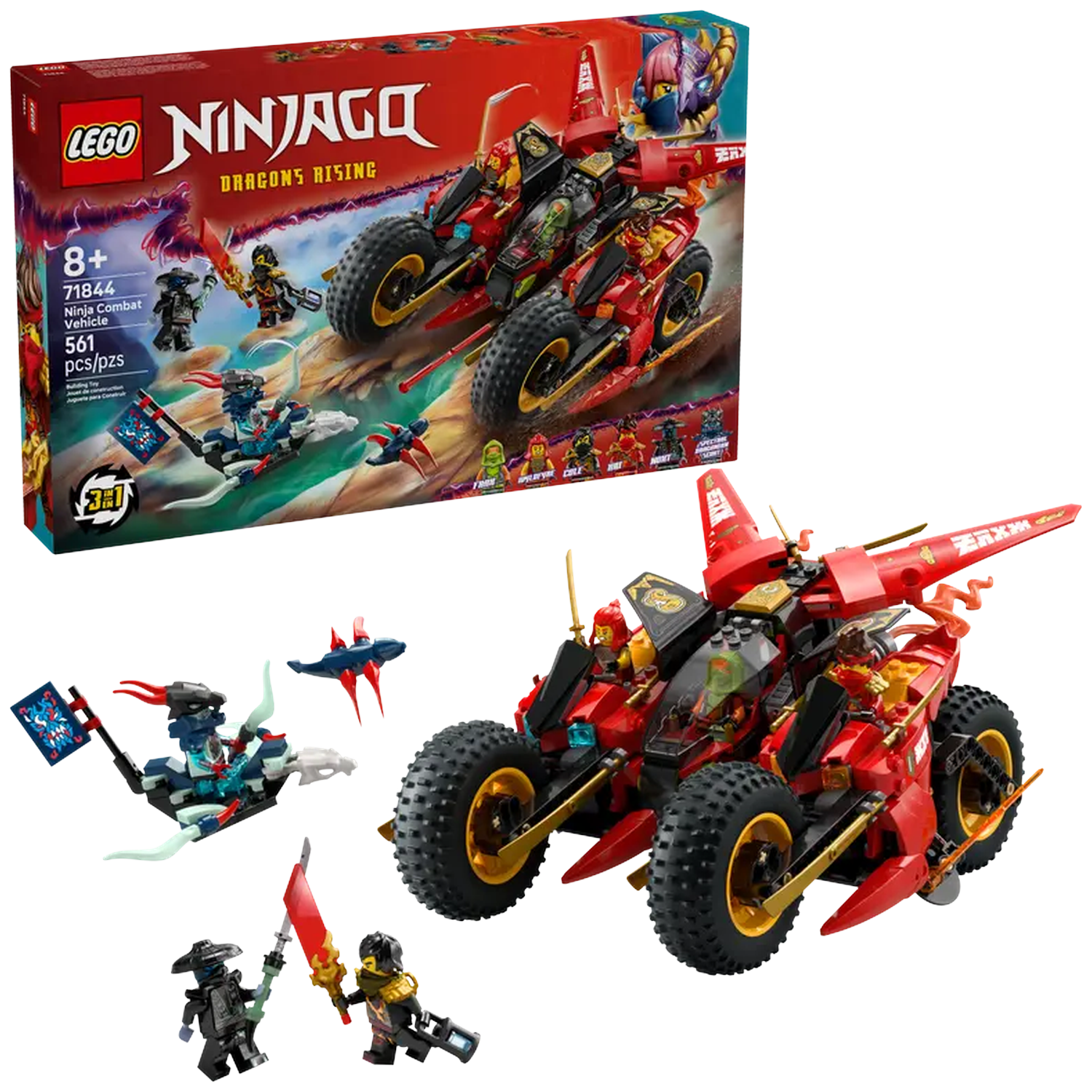 LEGO Ninjago set featuring a red combat vehicle and mini-figures. The box shows the vehicle and characters. Several separate toy elements.
