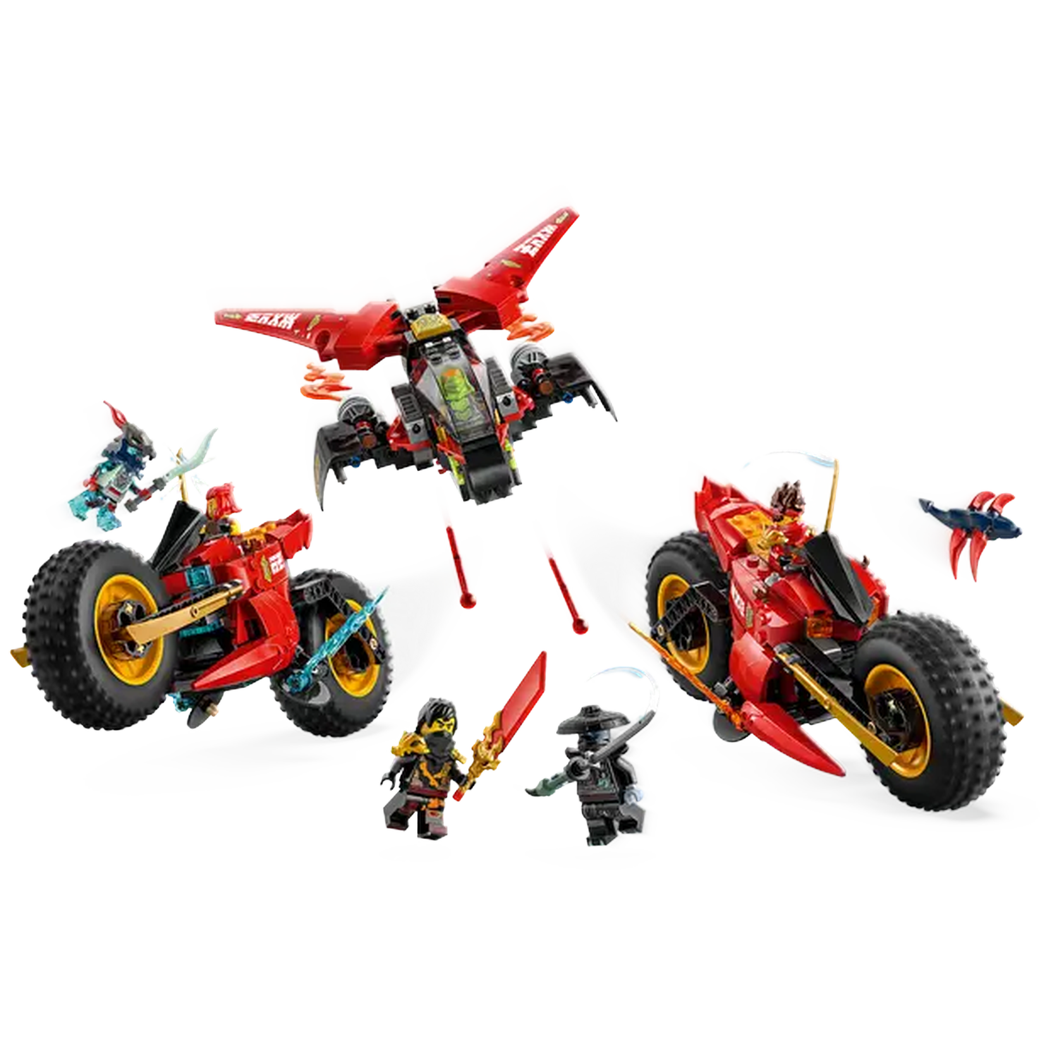 Lego Ninjago set featuring red vehicles, figures with weapons, and a red jet. Scene is dynamic with action.