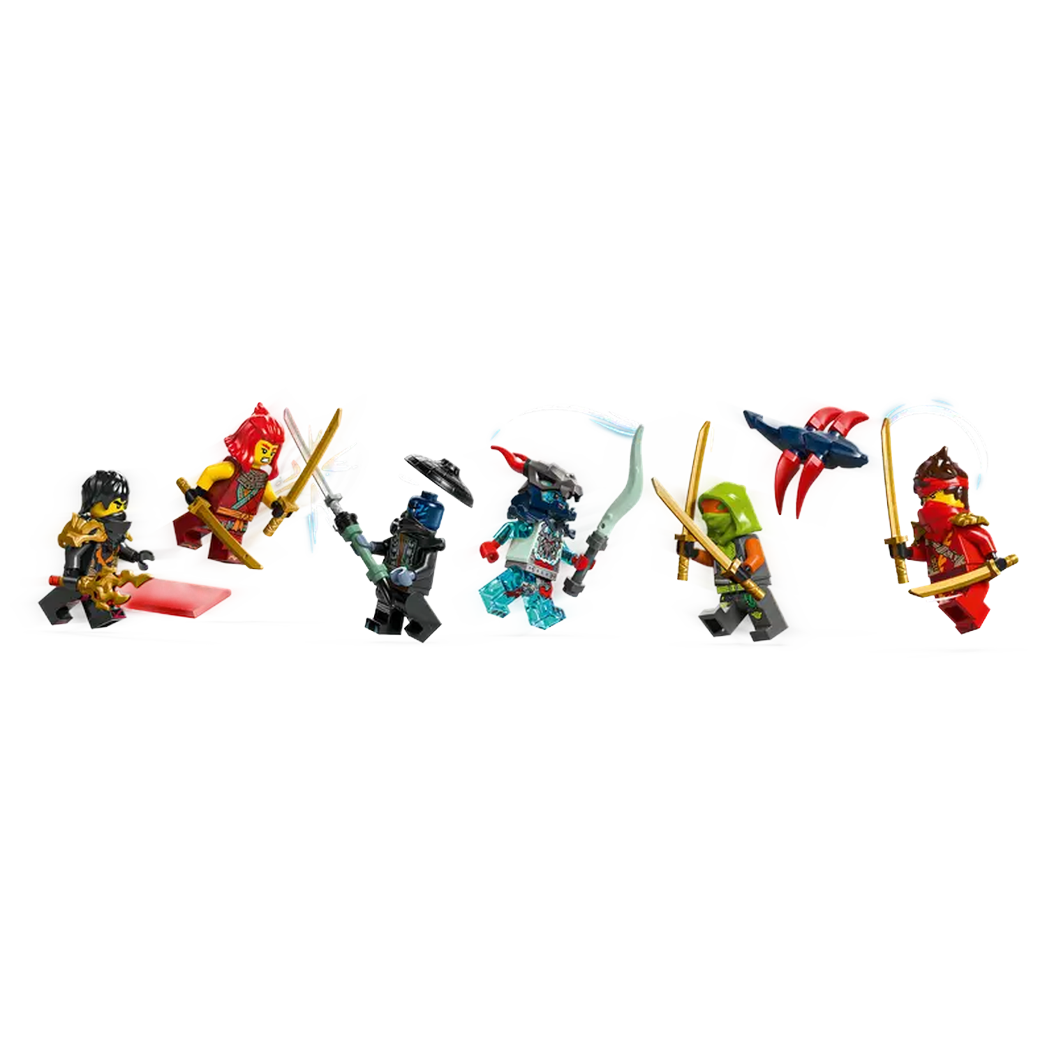 Seven Lego Ninjago characters with swords in action poses. They are on a white background. Characters have various colors and designs.