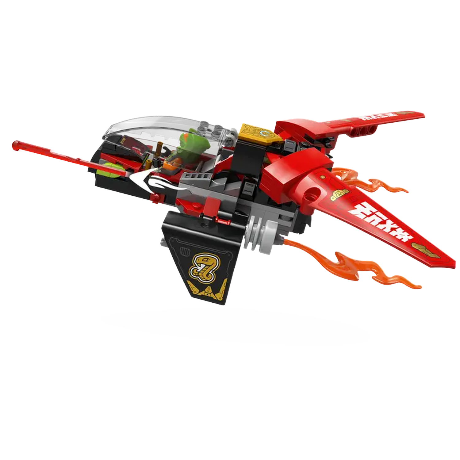 A Lego jet plane, primarily red and black, with orange flames and a green pilot inside. The wings are red with white text.