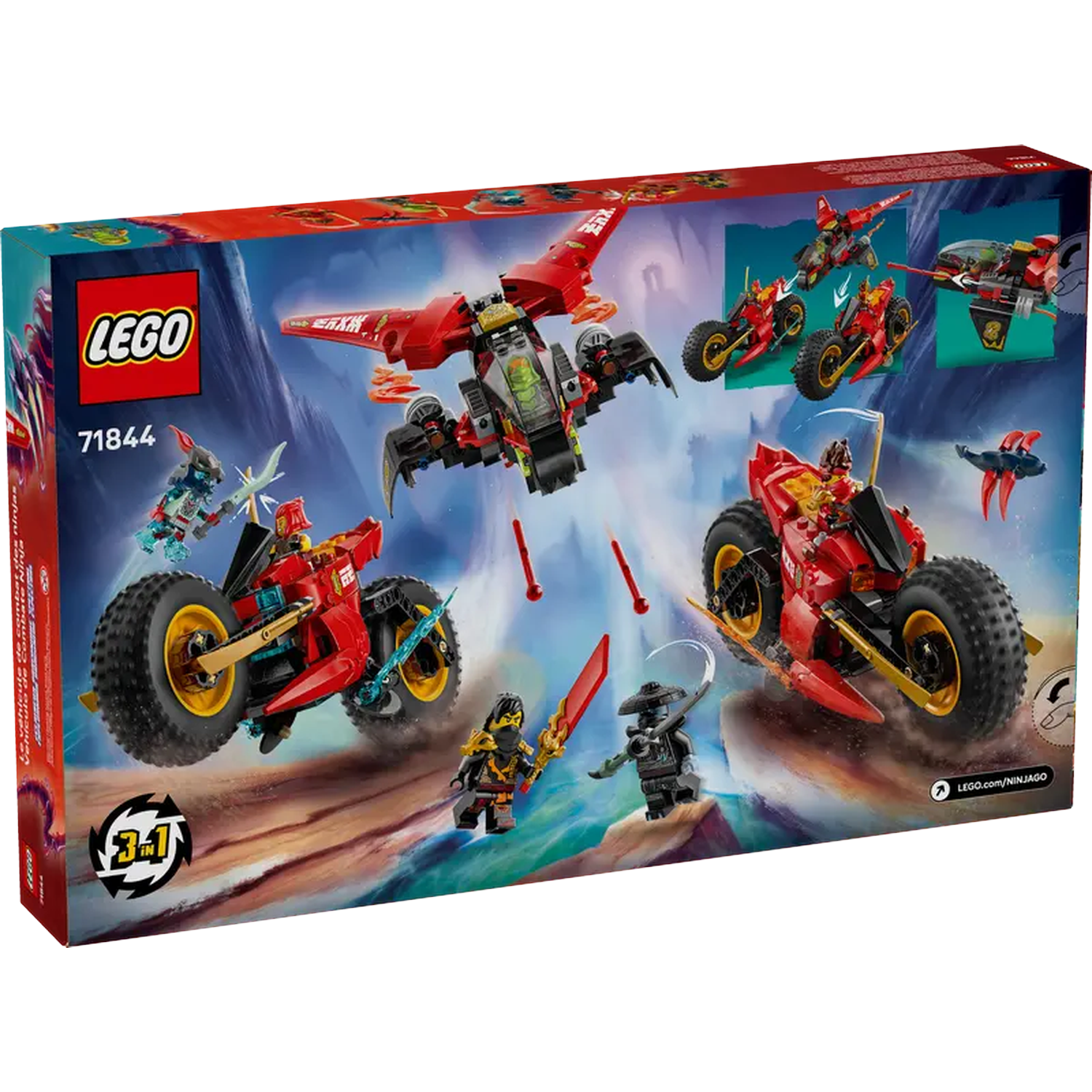 Lego Ninjago box art. Features red vehicles, ninja figures, and a red and black jet, set against a mountain backdrop.
