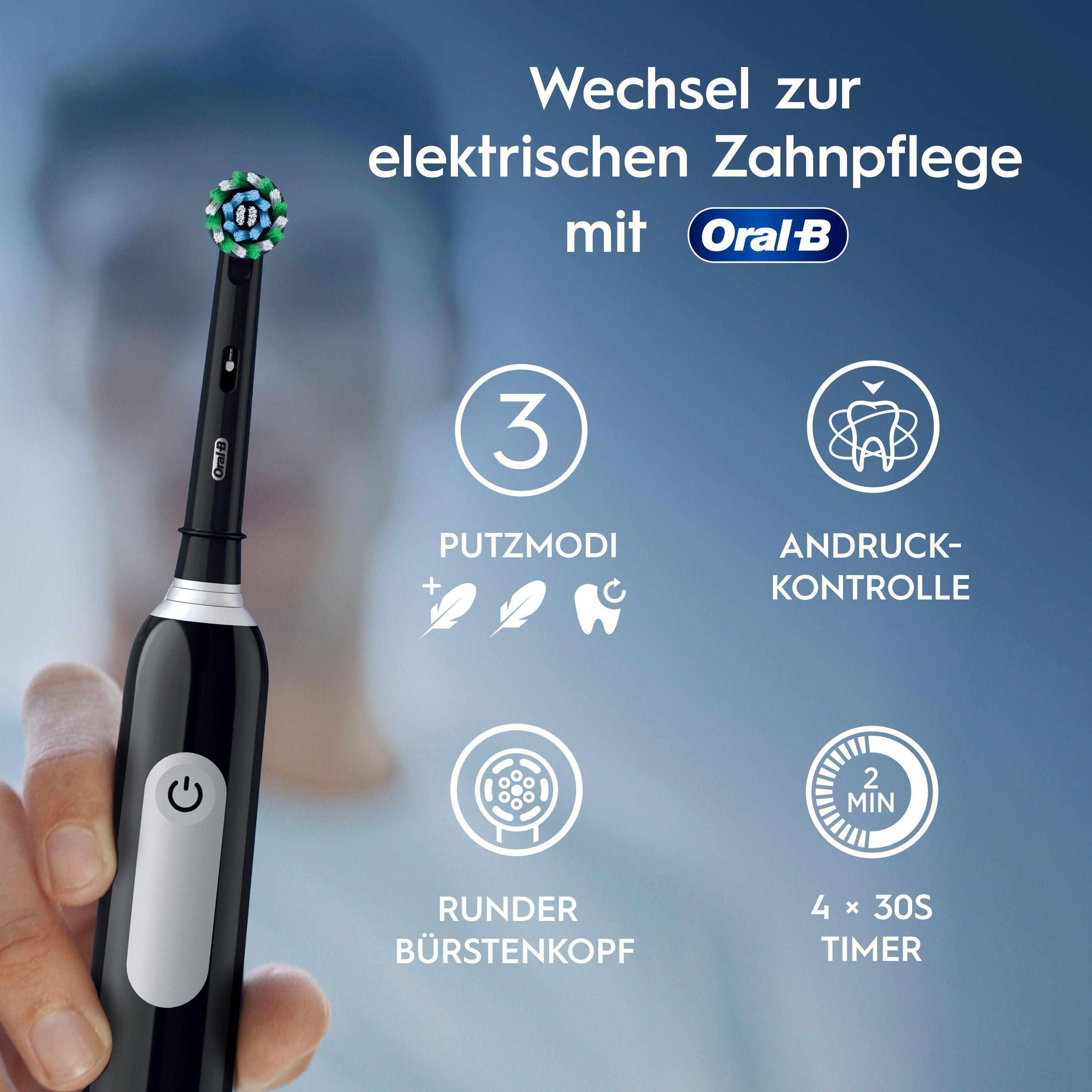 Elektrische Zahnbürste mit grünen, blauen und weißen Borsten. Merkmale sind Modi, Druckkontrolle und Timer.