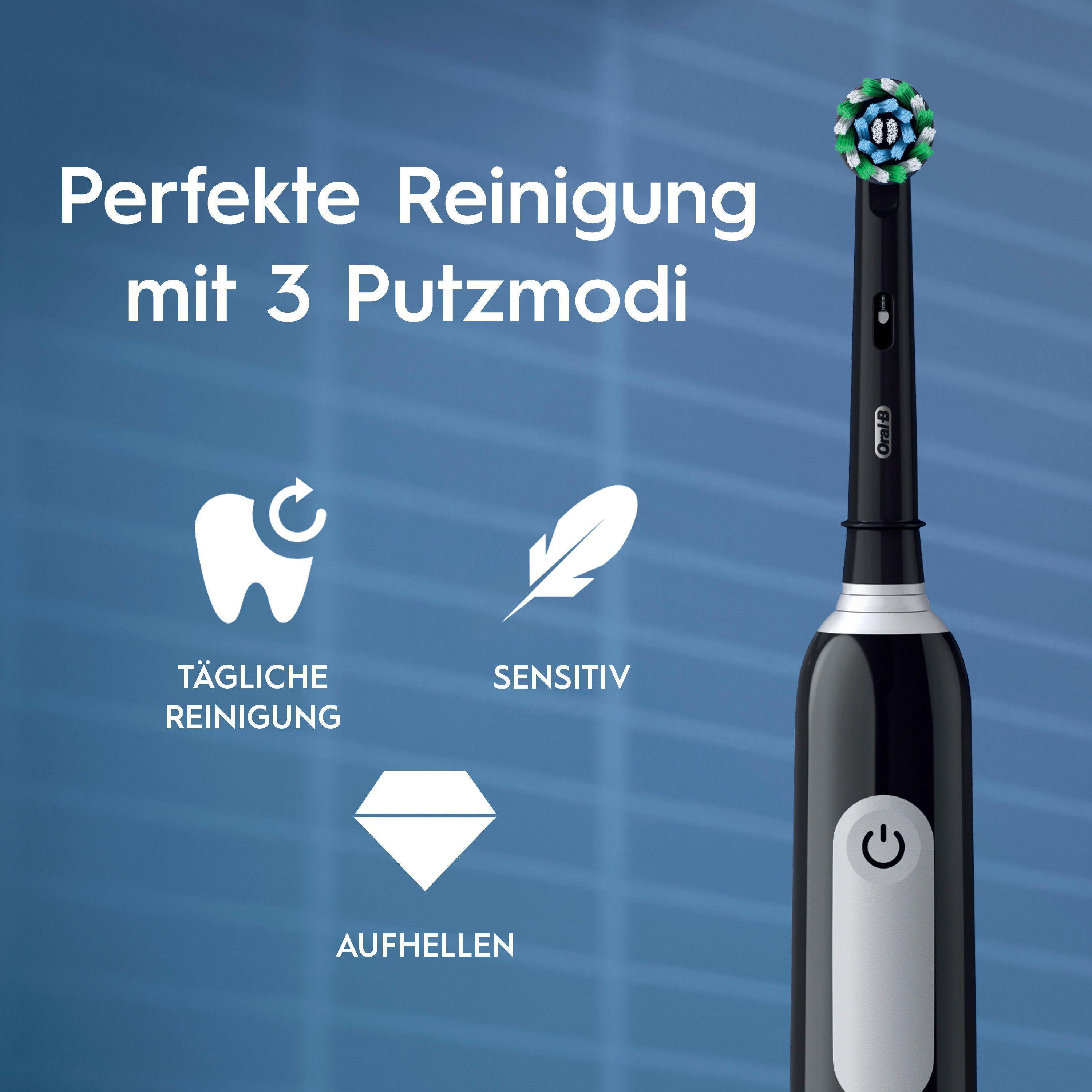 Schwarze elektrische Zahnbürste mit buntem Bürstenkopf und weißen Symbolen auf blauem Hintergrund, Text auf Deutsch.