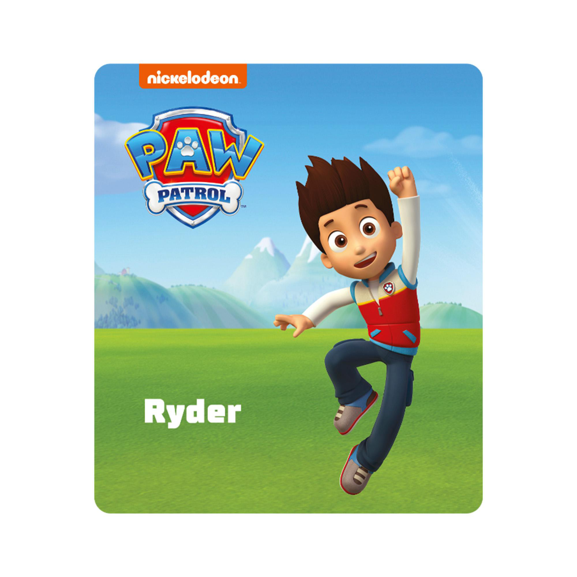 Ryder von Paw Patrol springt mit erhobenem Arm. Im Hintergrund sind Berge und eine grüne Wiese. Nickelodeon-Logo ist sichtbar.