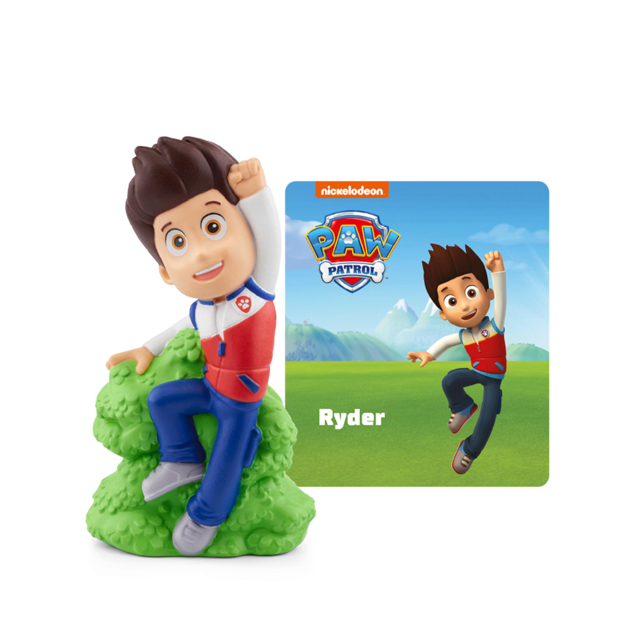 Ryder-Figur von Paw Patrol. Er trägt eine rot-weiß Weste, blaue Hose. Es gibt einen grünen Busch und eine Paw Patrol-Karte.