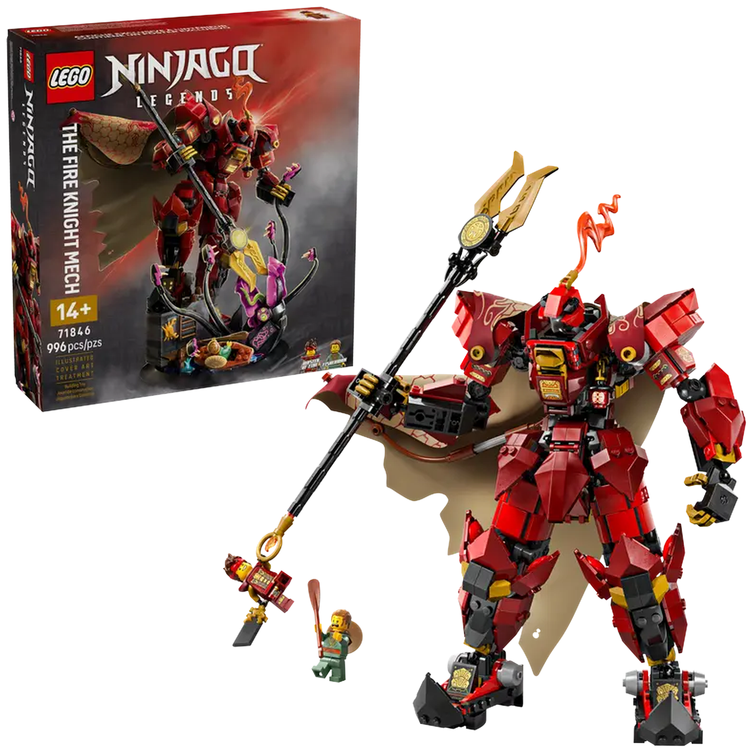A Lego Ninjago set, Fire Knight Mech. The box shows a red mech with a spear. Two mini figures are in front of it.