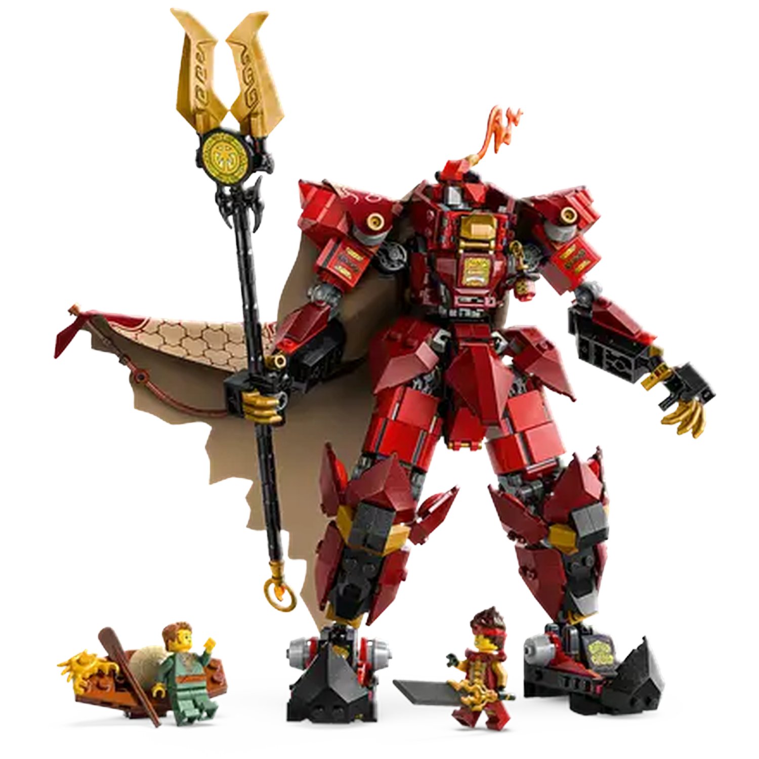 A Lego robot with a spear, two small Lego figures, and a boat. The robot is red and gold. Figures are in a boat.