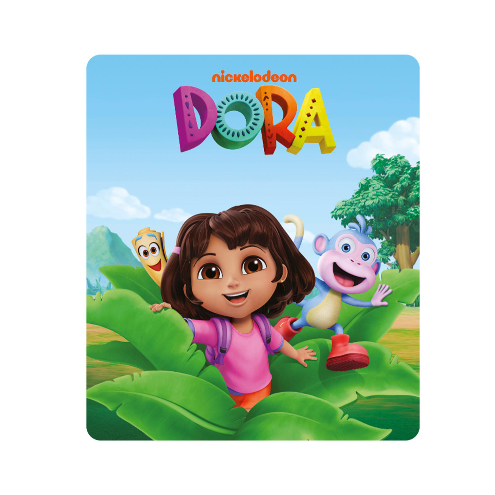 Dora die Entdeckerin mit Boots und Karte in einer Dschungelszene. Das Nickelodeon-Logo im Hintergrund.
