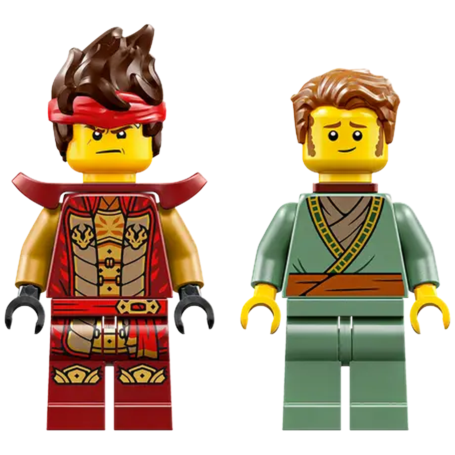 Two Lego Ninjago figures. One in red armor with a brown hair and headband. The other in green with brown hair and outfit.