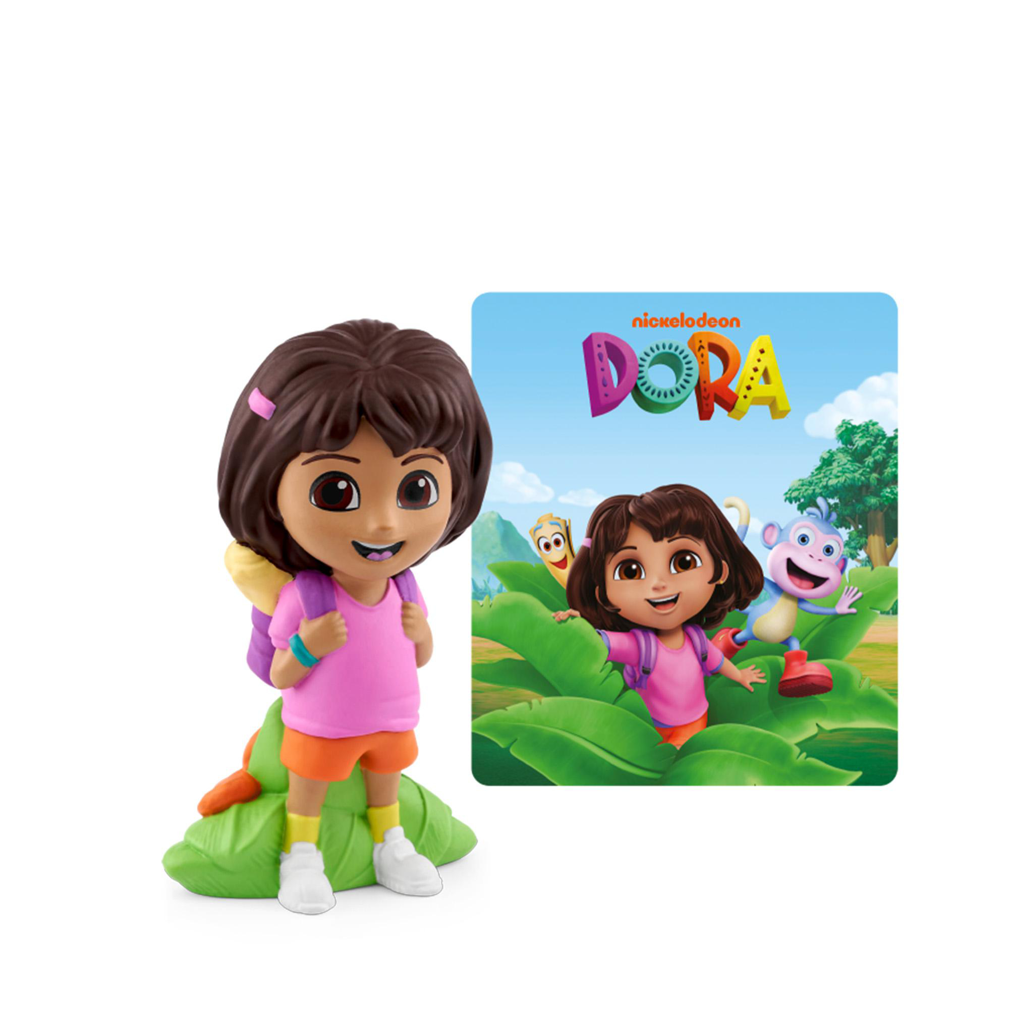 Dora die Entdeckerin-Figur mit Rucksack, neben einem Dora-Bild mit Dora, Boots und Hintergrund.