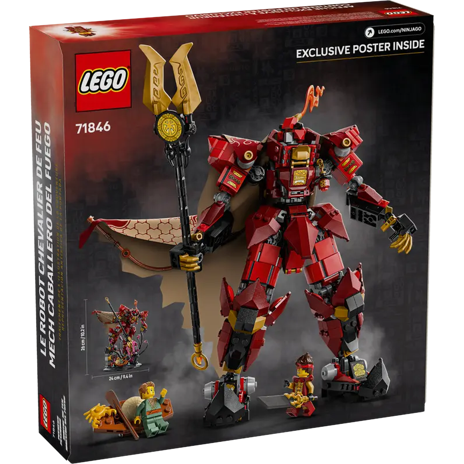 Lego set box. A red mech, small figures, and the Lego logo are visible. The box says 'Exclusive Poster Inside'.