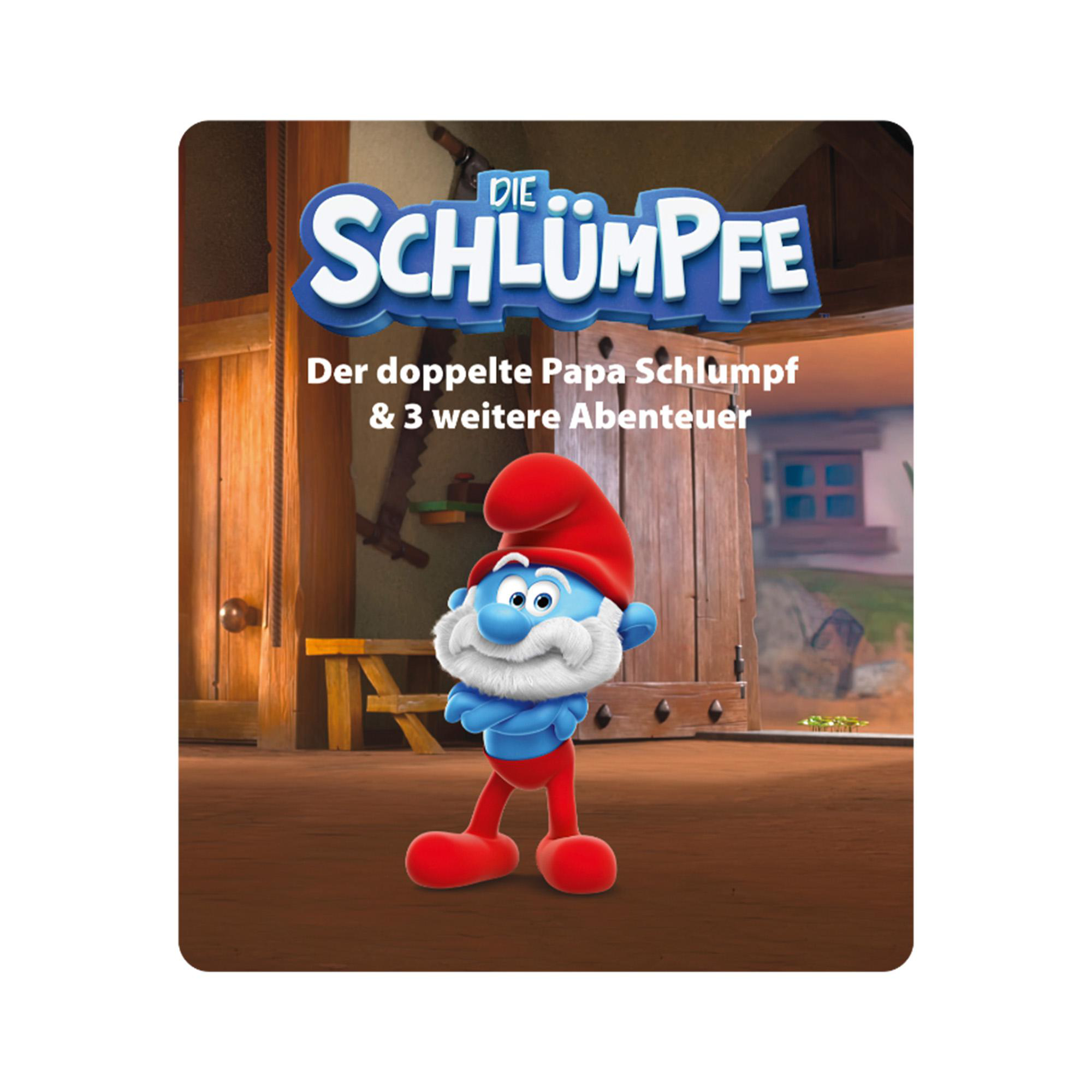 Papa Schlumpf mit roter Mütze und Schuhen. Der Titel lautet Die Schlümpfe. Holztüren und eine kleine Bank im Hintergrund.
