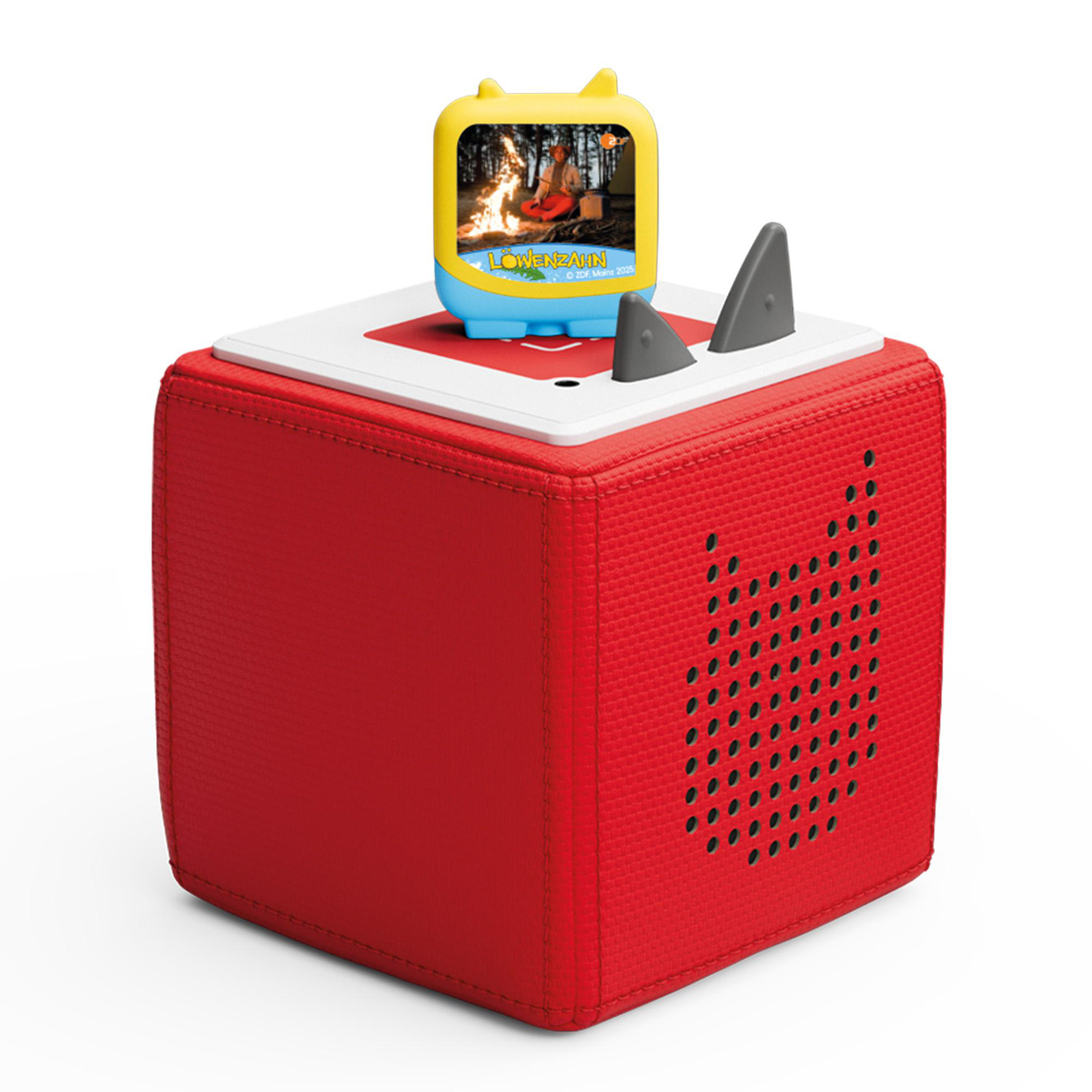 Roter Lautsprecher mit Bildschirm mit Lagerfeuerszene. Zwei graue Flossen und ein gelb-blauer Bildschirm.