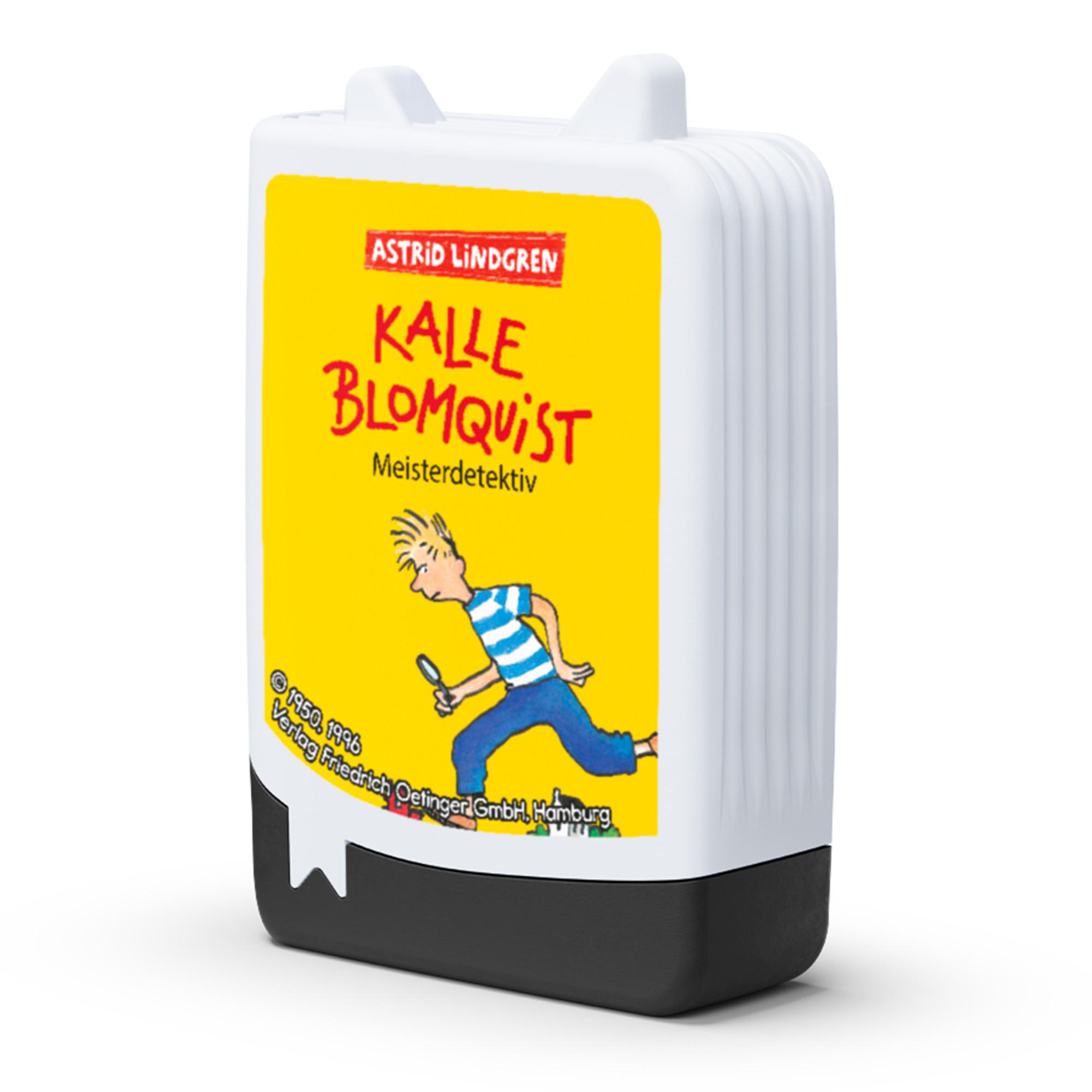 Ein Buch mit gelbem Etikett, das einen Jungen mit Lupe zeigt. Titel: Kalle Blomquist.