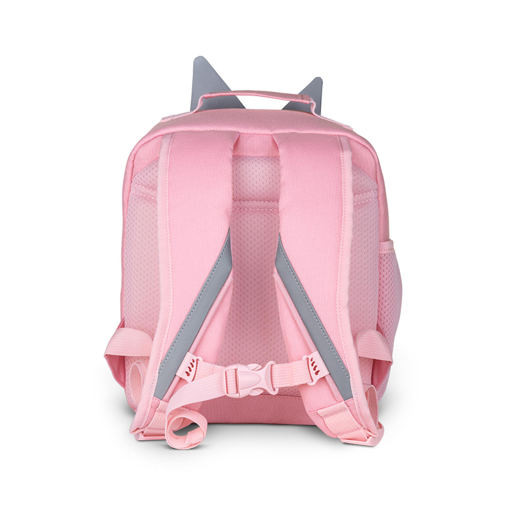 Rosa Rucksack mit Katzenohren und grauen Akzenten. Merkmale sind verstellbare Träger, eine Schnalle und ein Griff.