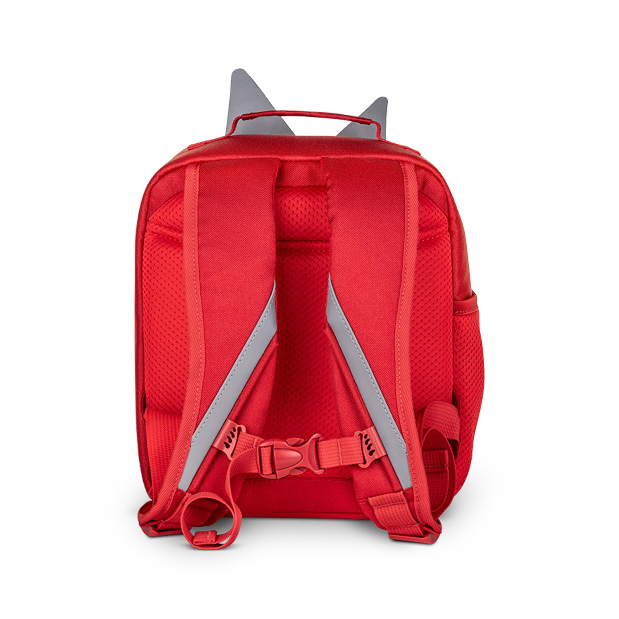 Roter Rucksack mit grauen Katzenohren. Reflektierende Streifen und gepolsterter Rücken. Auf weißem Hintergrund isoliert.