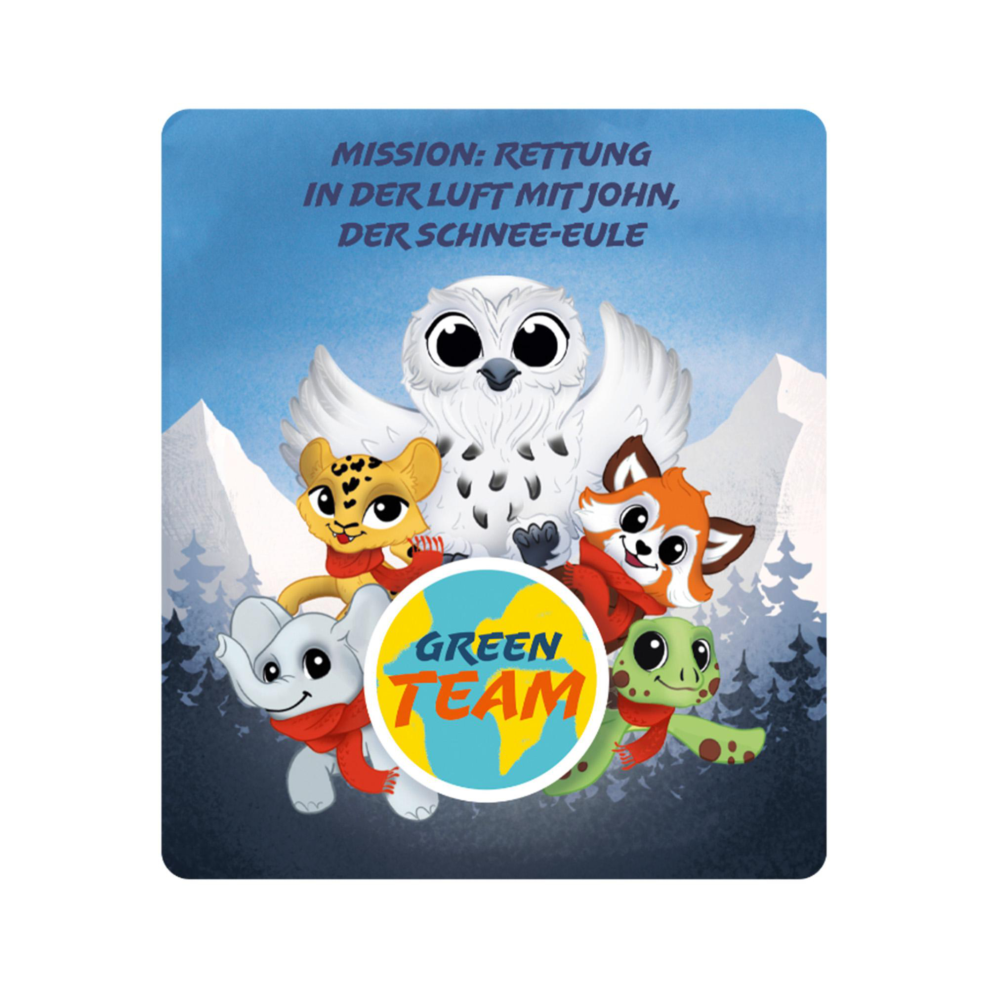 Illustration von Tieren, die ein Team bilden. Enthält eine Eule, einen Leoparden, einen Fuchs, eine Schildkröte und einen Elefanten. Hintergrund mit Bergen und Bäumen.
