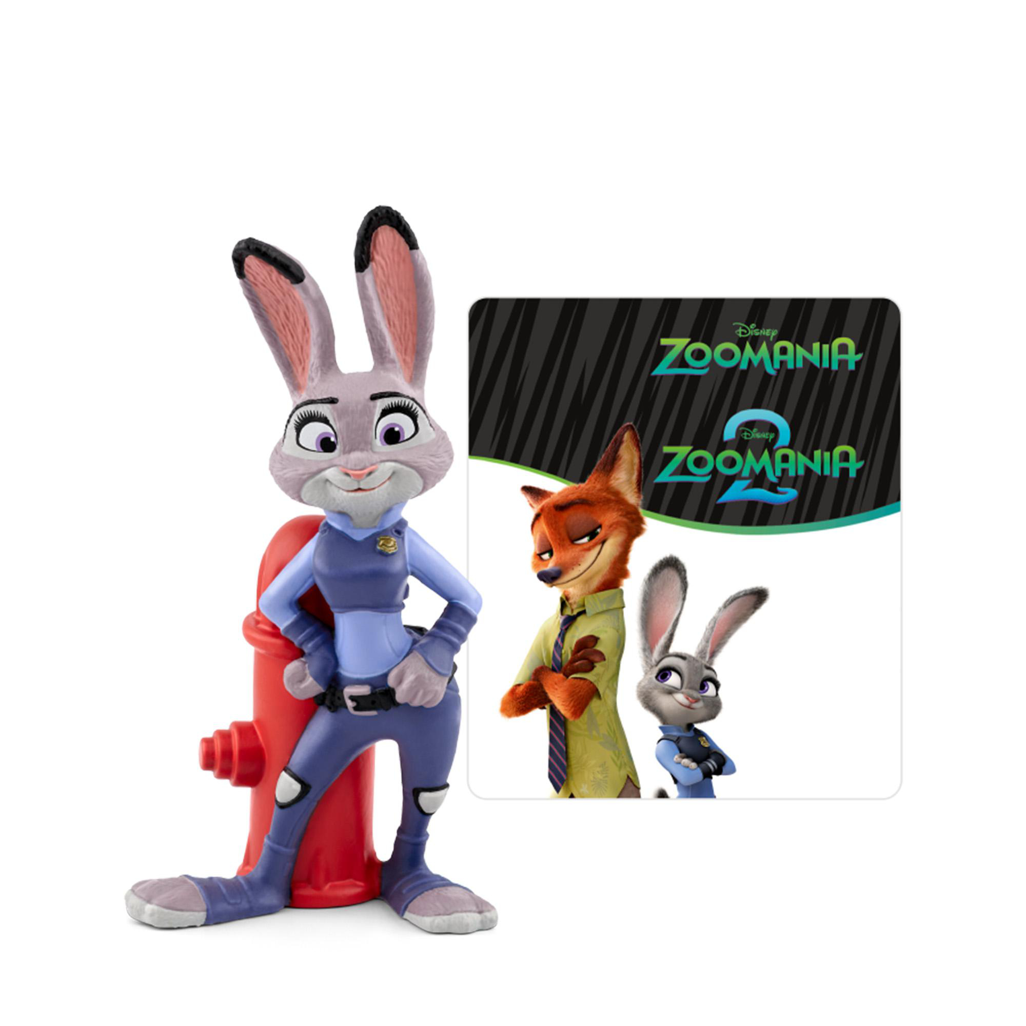 Judy Hopps Figur mit rotem Hydranten und Zoomania 2 Karte. Nick Wilde und Judy sind ebenfalls auf der Karte zu sehen.