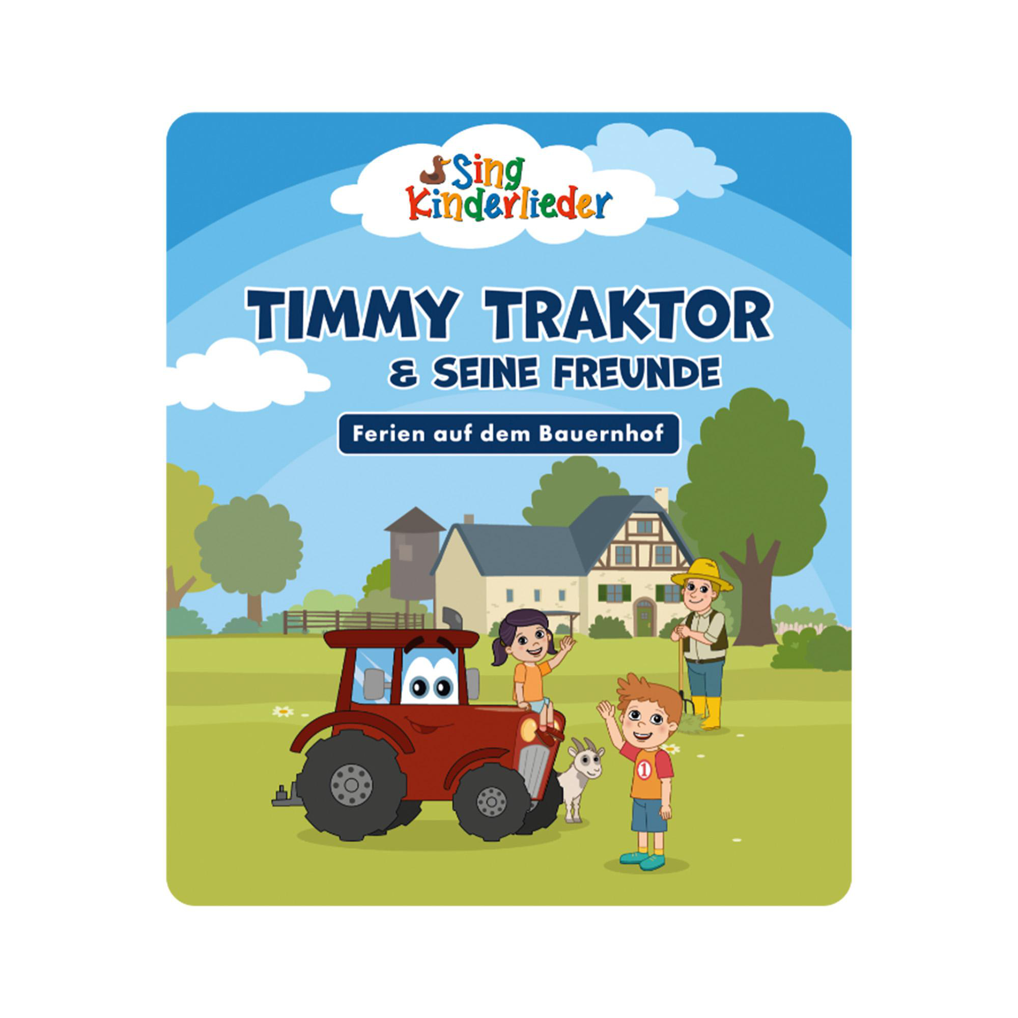 Illustration eines roten Traktors mit Kindern und einer Ziege auf einem Bauernhof, mit Haus und Bauer im Hintergrund.
