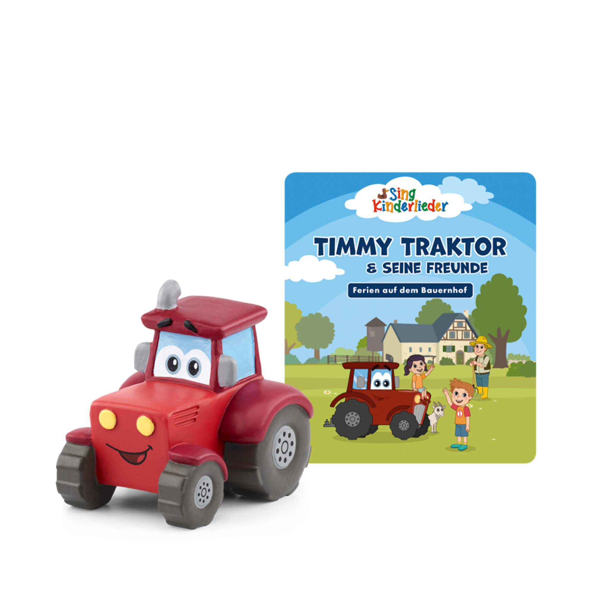 Ein roter Spielzeugtraktor und ein Buch mit dem Titel 'Timmy Traktor'. Das Buch zeigt eine Cartoon-Bauernhofszene.