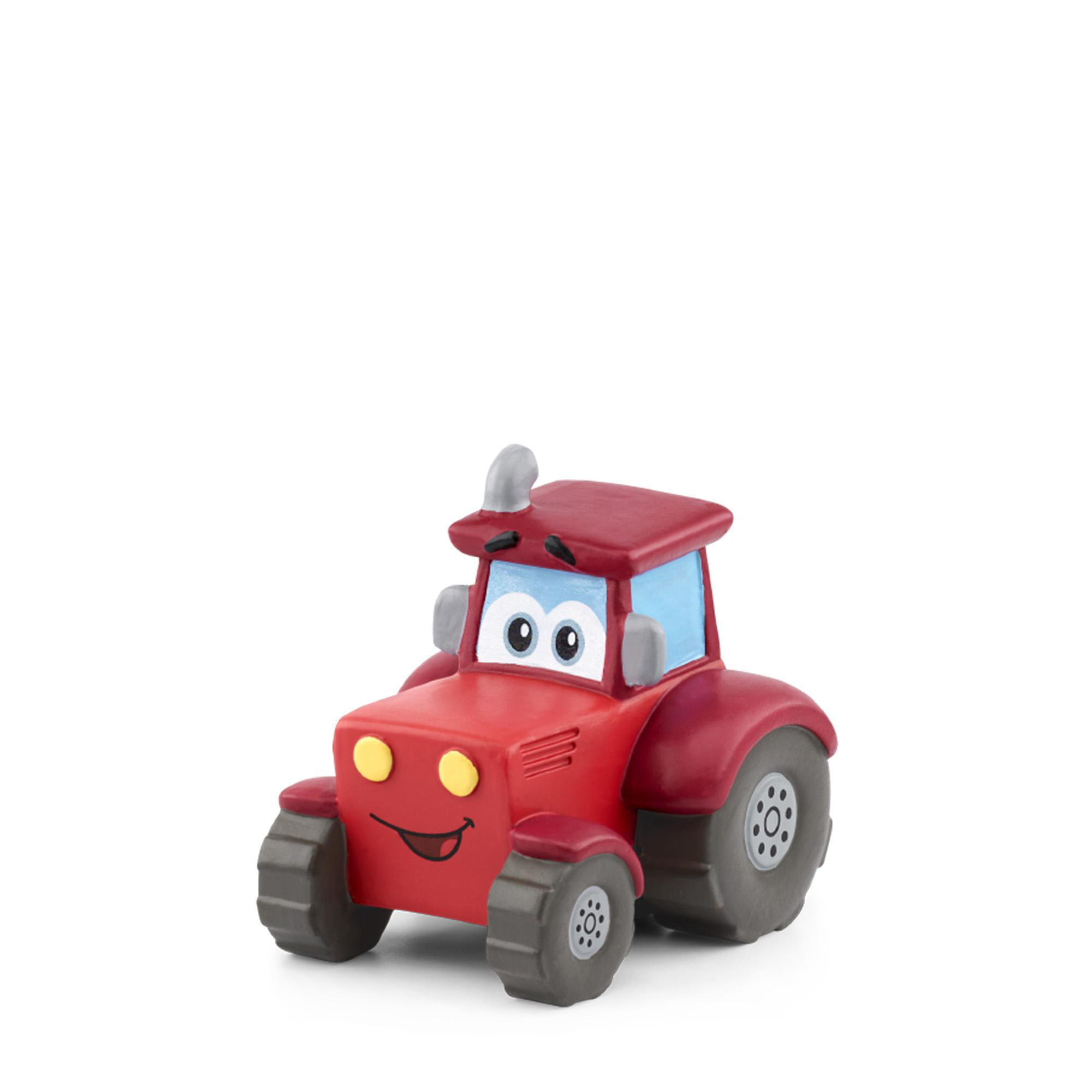 Ein roter Spielzeugtraktor mit lächelndem Gesicht, blauen Fenstern und grauen Rädern. Es steht vor weißem Hintergrund.