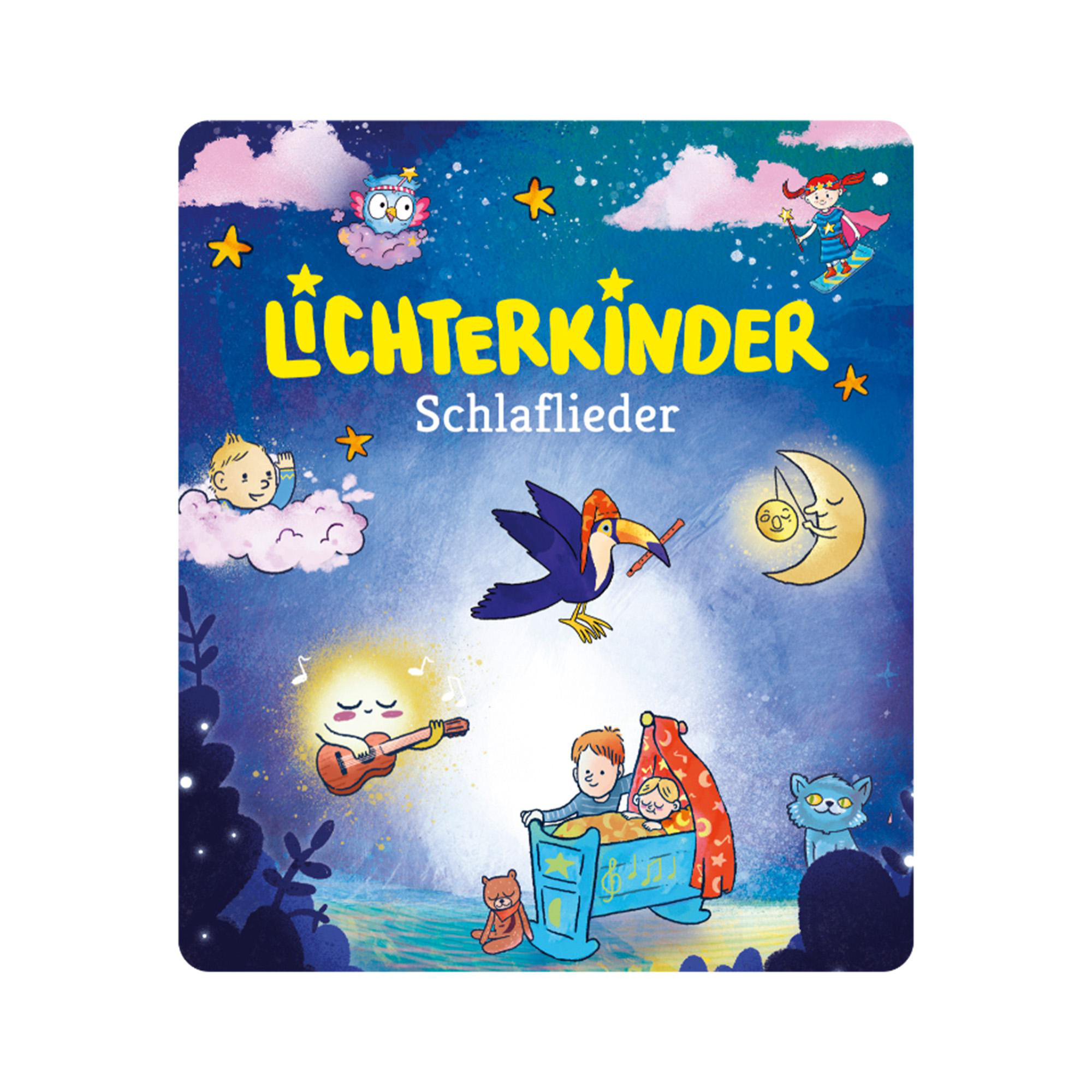 Illustration für ein Kinderbuch. Es zeigt einen Tukan, einen Mond, Kinder in einer Krippe und andere Fantasy-Elemente.
