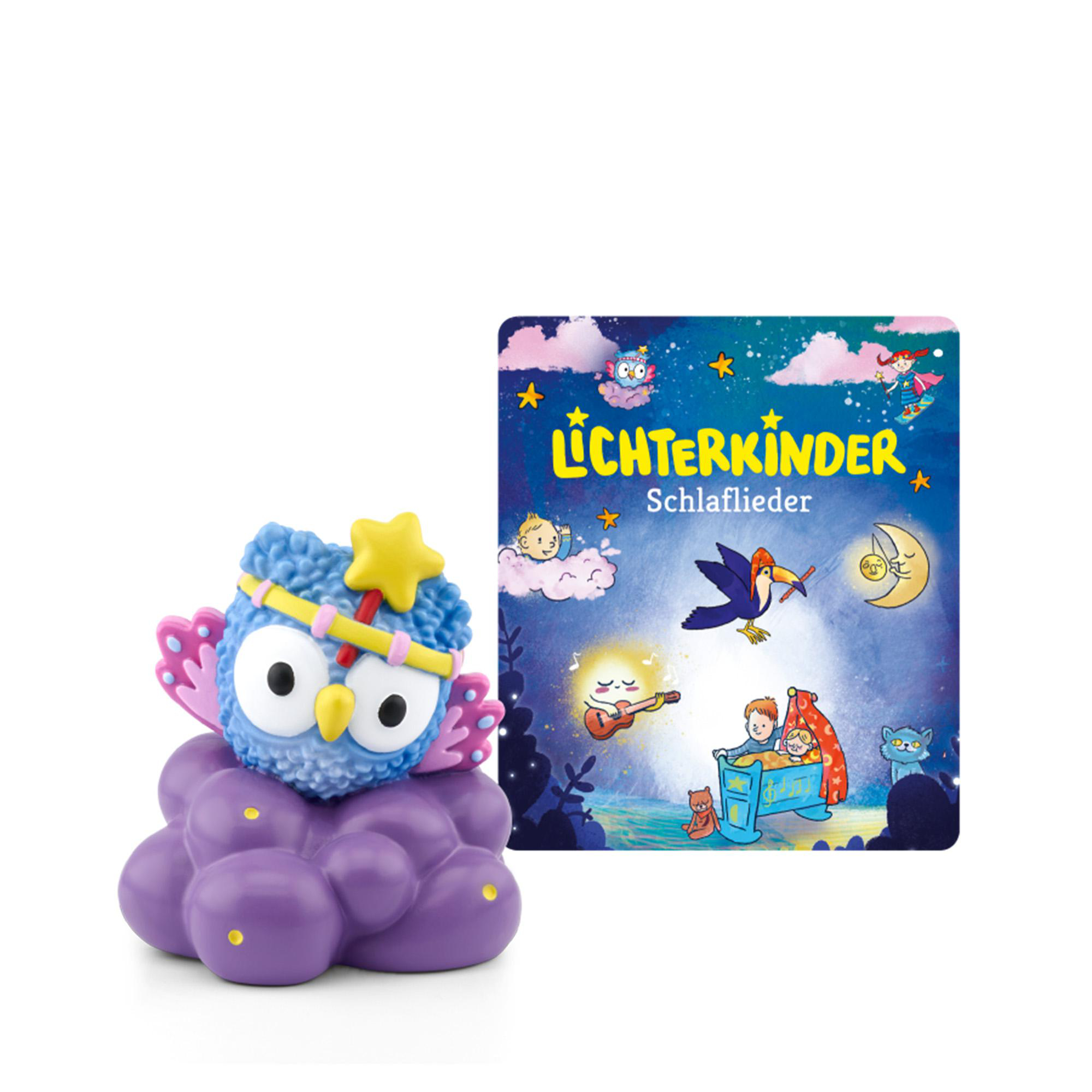 Eine Eulenfigur auf einer lila Wolke, neben einem Buch mit dem Titel 'Lichterkinder'. Das Buch zeigt eine Nachtszene mit Sternen.