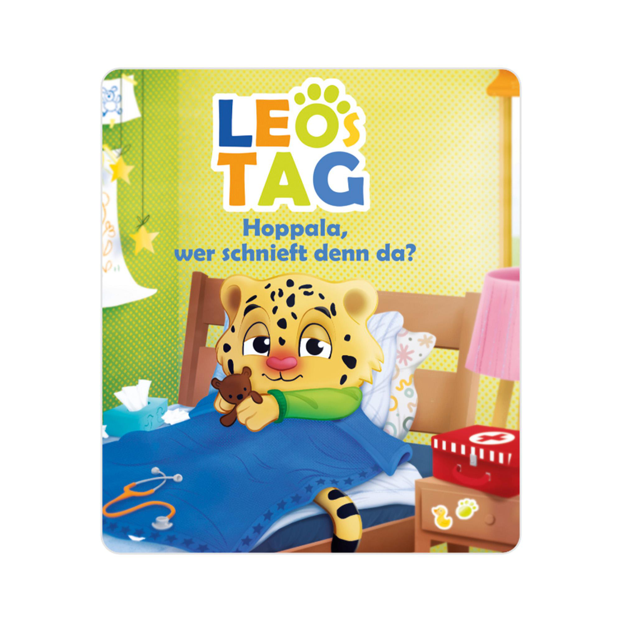 Eine Cartoon-Illustration eines Leoparden im Bett, der einen Teddybären hält. Der Text lautet 'Leo's Tag' und 'Hoppala, wer schnieft denn da?'.