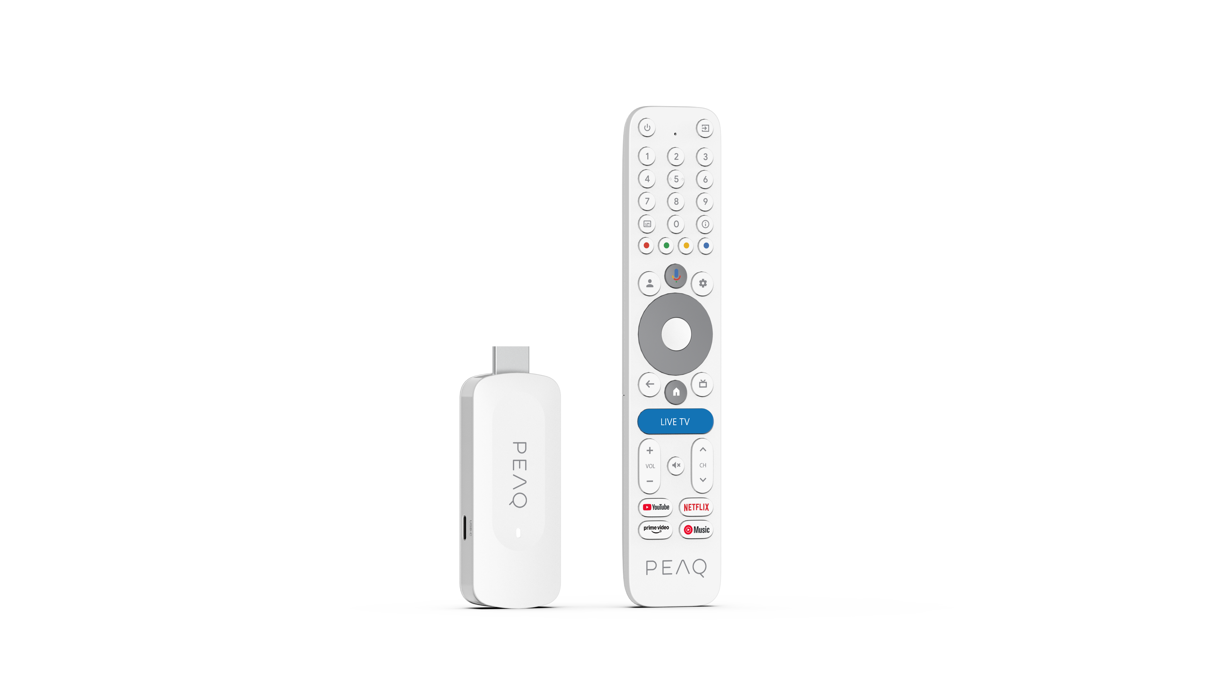 Fehér PEAQ streaming stick és távirányító fekete háttér előtt. A távirányítón sok gomb van.