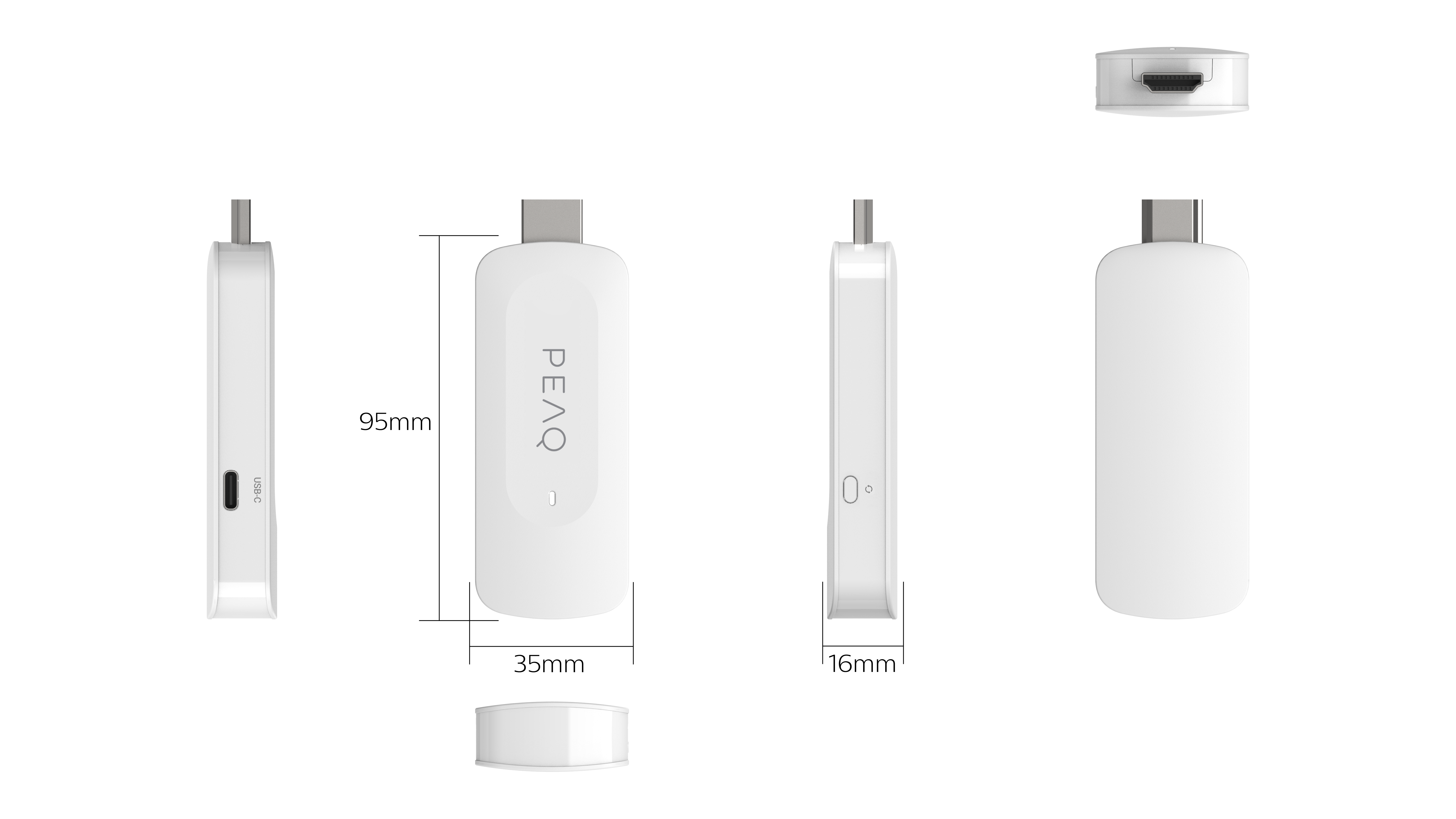 Fehér streaming eszköz USB-C és HDMI portokkal, több nézetben. Az eszközön a PEAQ logó látható.