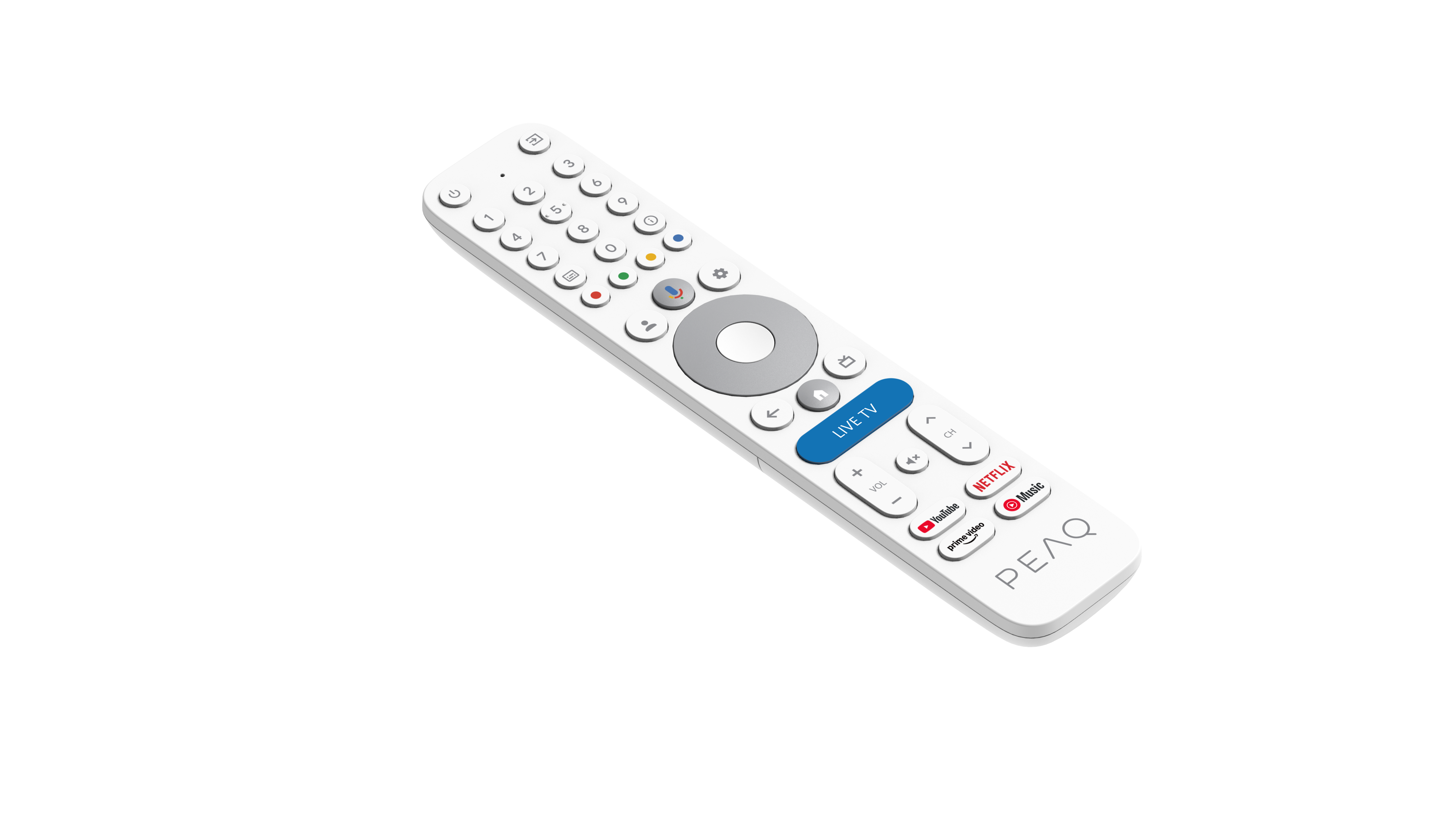 Egy fehér távirányító hangerő, csatorna és streaming szolgáltatások gombjaival fekete háttér előtt.
