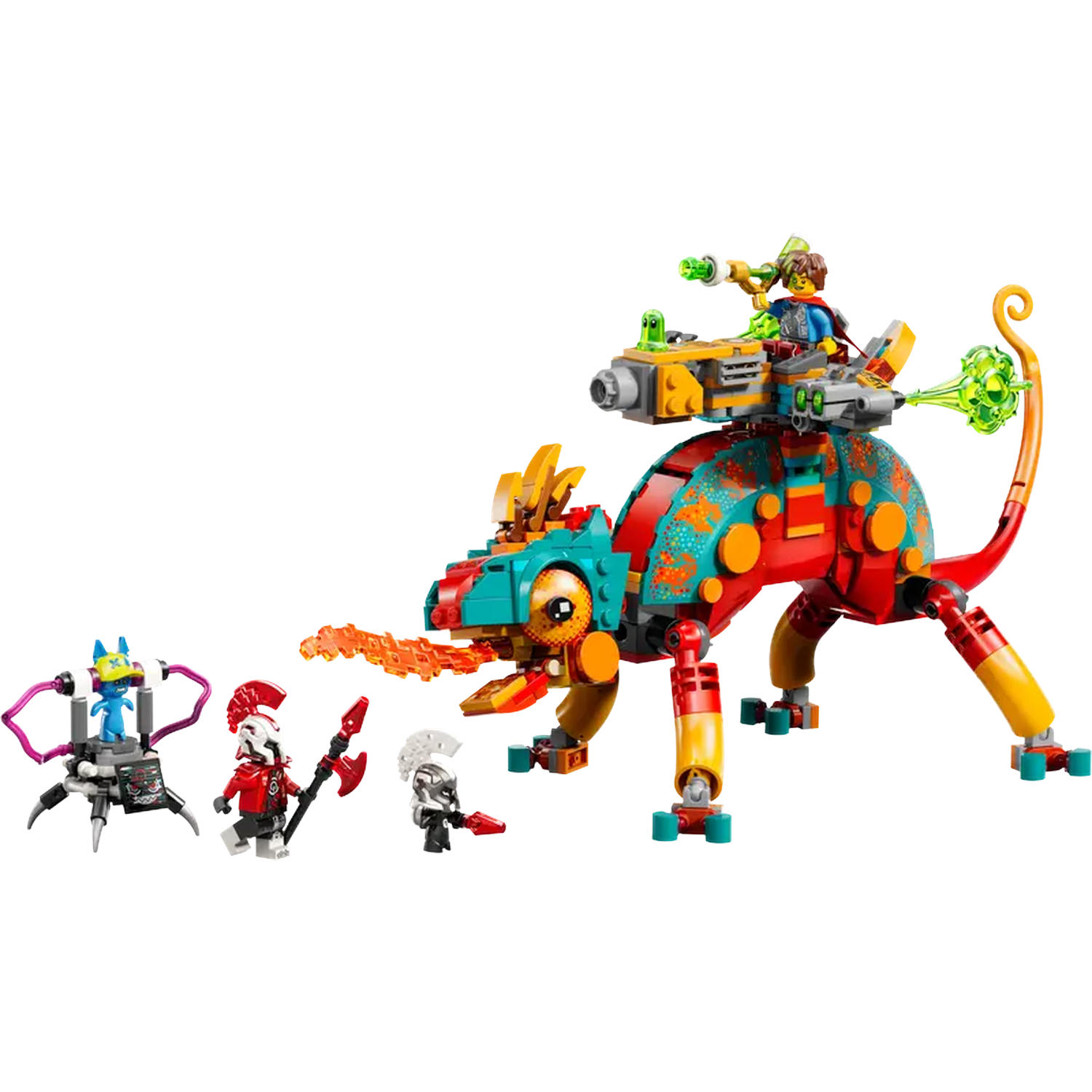 Een Lego-set met een groot, kameleonachtig wezen met een berijder, en verschillende kleinere figuren en robots.