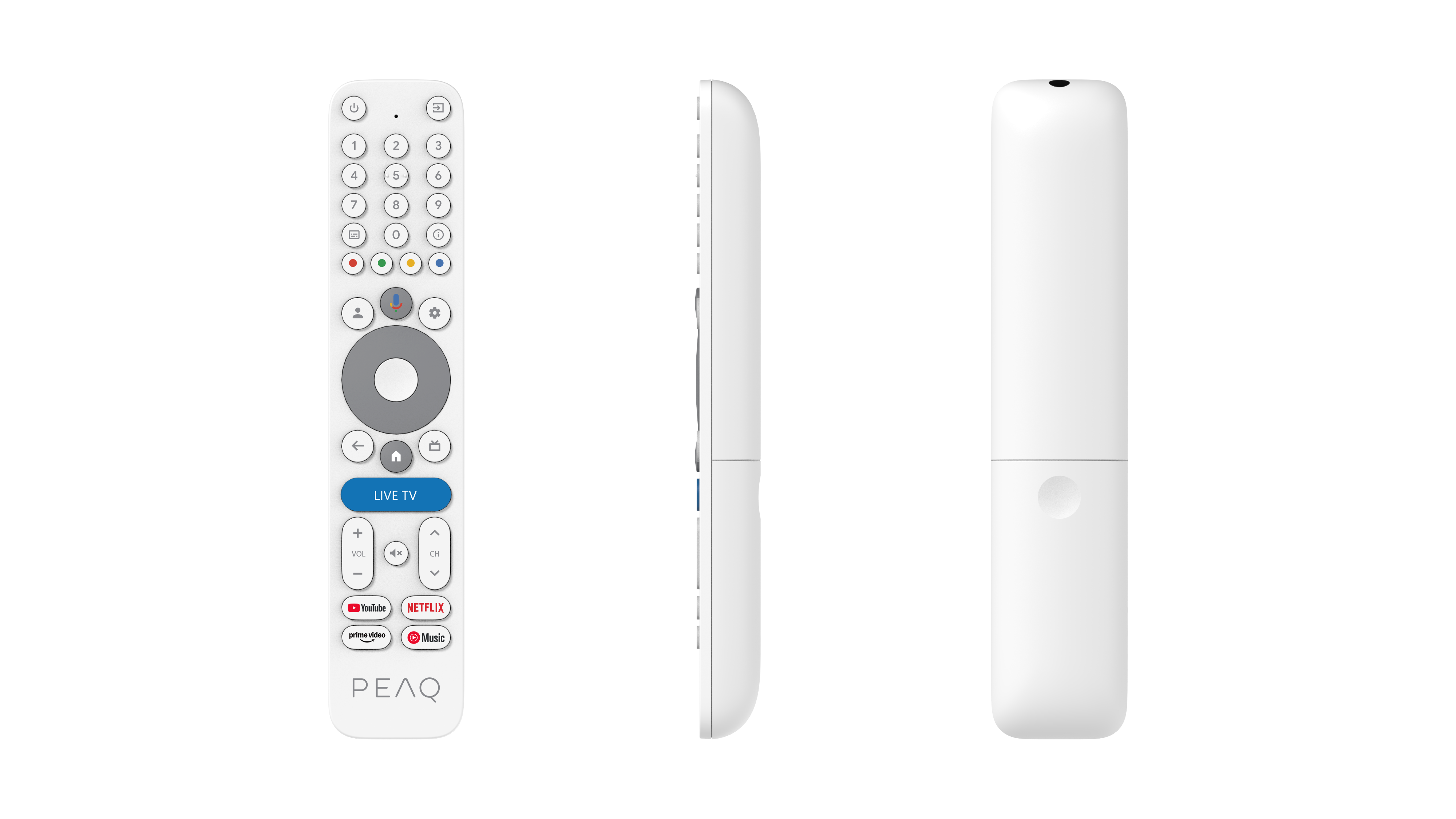 Egy fehér távirányító három nézete. Tartalmaz számokat, hangerőt, Netflixet, YouTube-ot és egy mikrofont.