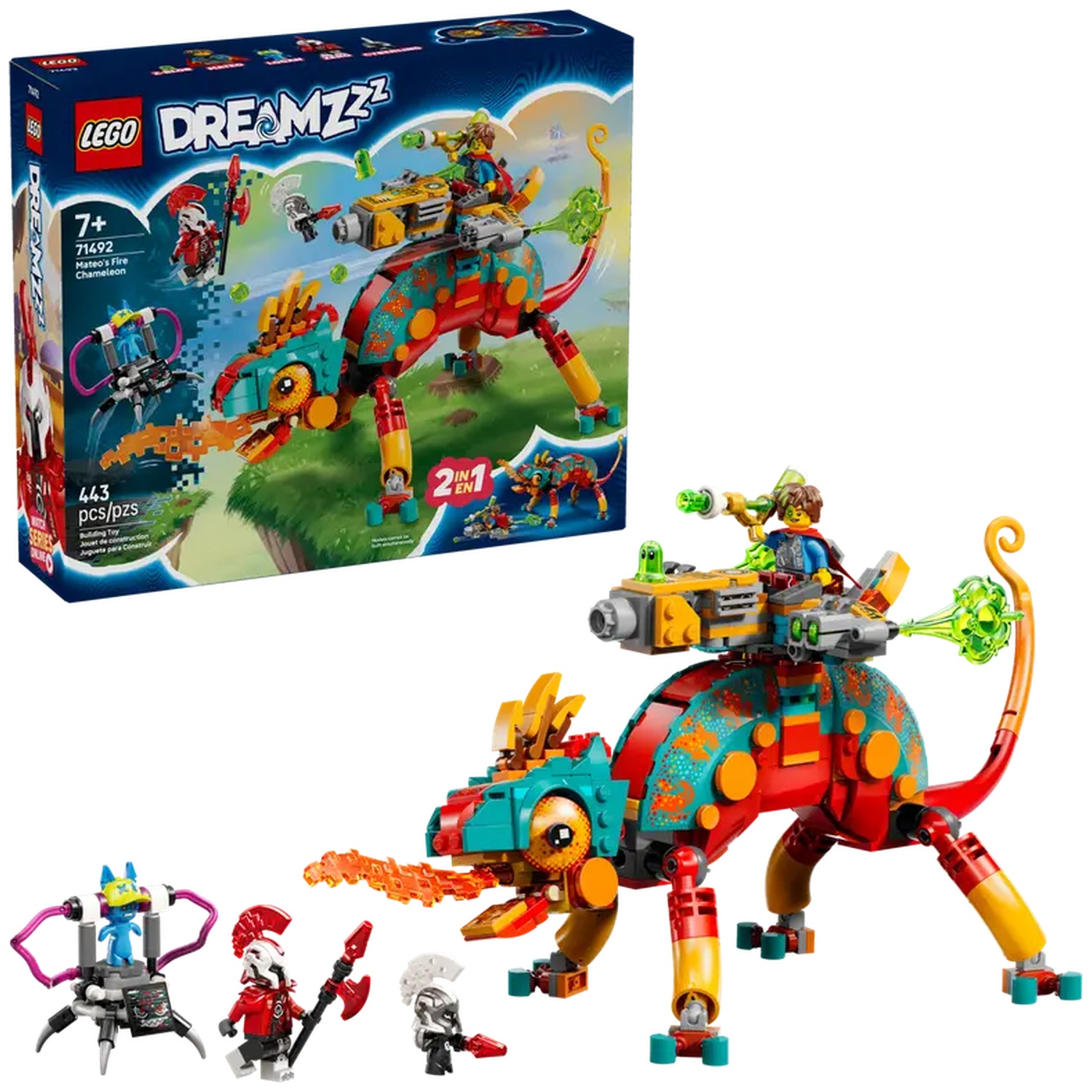 Een Lego Dreamzzz set. Een grote kameleon met een ruiter op zijn rug, een doos en minifiguren zijn zichtbaar.