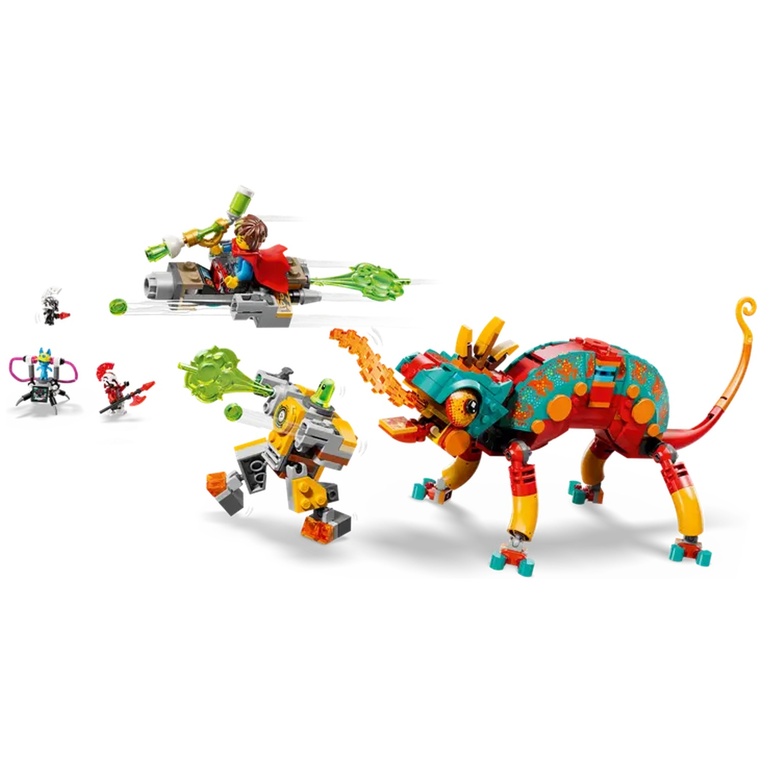 Lego set met verschillende personages en een grote kameleon, een persoon op een voertuig, een robot en een minifiguur met een bijl.