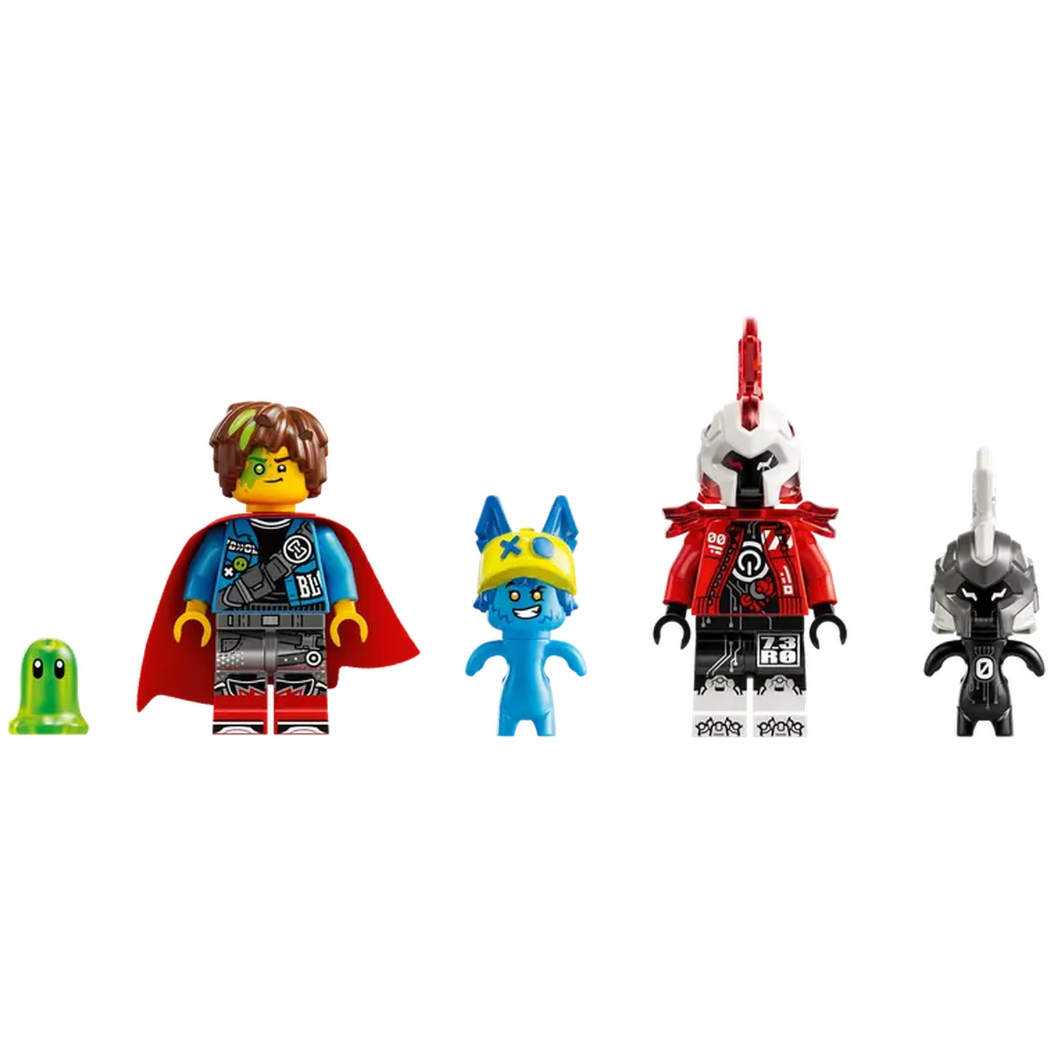 Vijf Lego-beeldjes: een groene blob, een jongen met een cape, een blauw wezen, een rood gepantserde figuur en een zwart-zilveren robot.