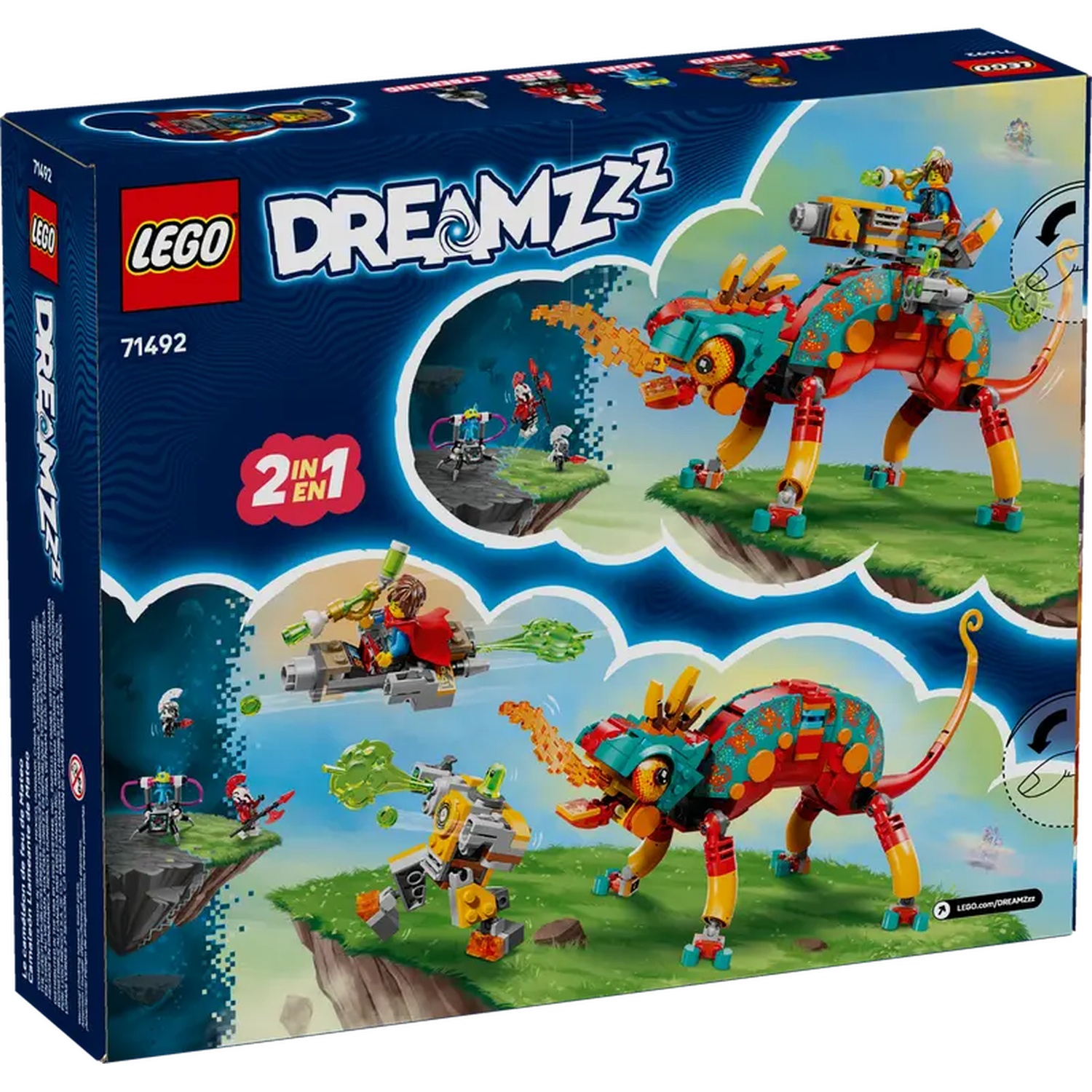 Lego Dreamzzz doos. Toont een rode en blauwgroene draak, Lego figuren en een gele robot op een groen landschap.