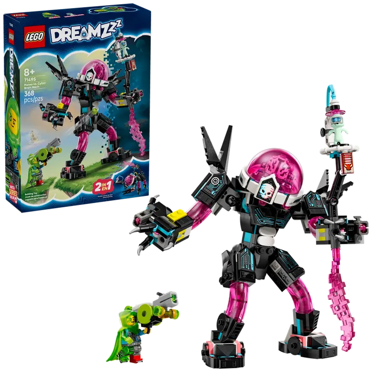 Lego Dreamzzz set. Een zwarte en roze robot met een heldere kop. Een kleine Lego figuur met groene cape en pistool.