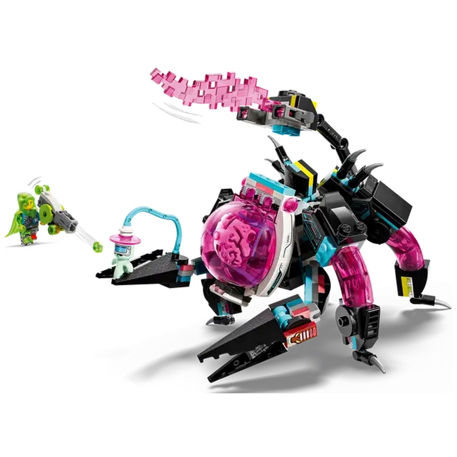 Lego set: robotspin met een hersen, aangevallen door een groen figuur met een pistool. Roze energietral.