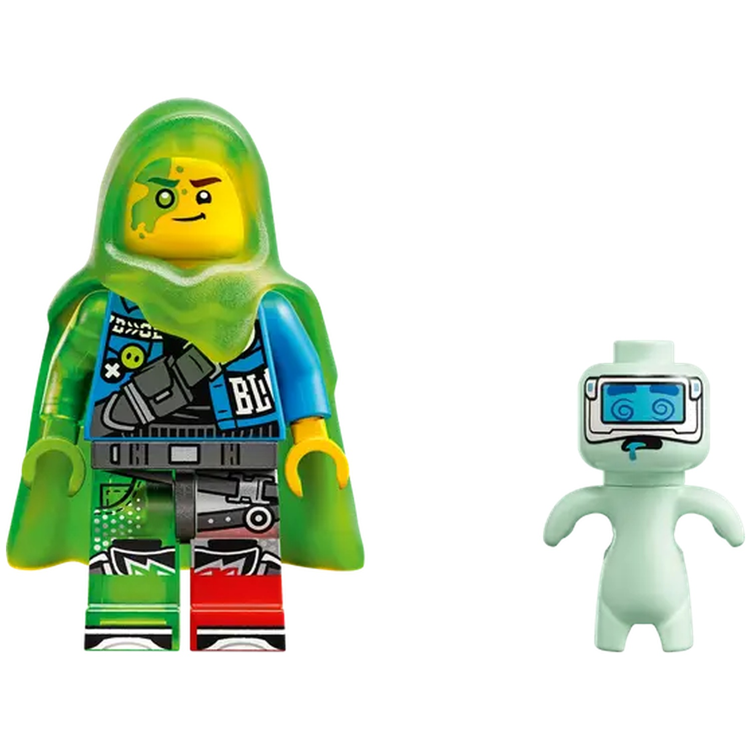 Twee Lego-figuren: een groene figuur met capuchon en geel gezicht en een klein groen figuur met een scherm als hoofd.