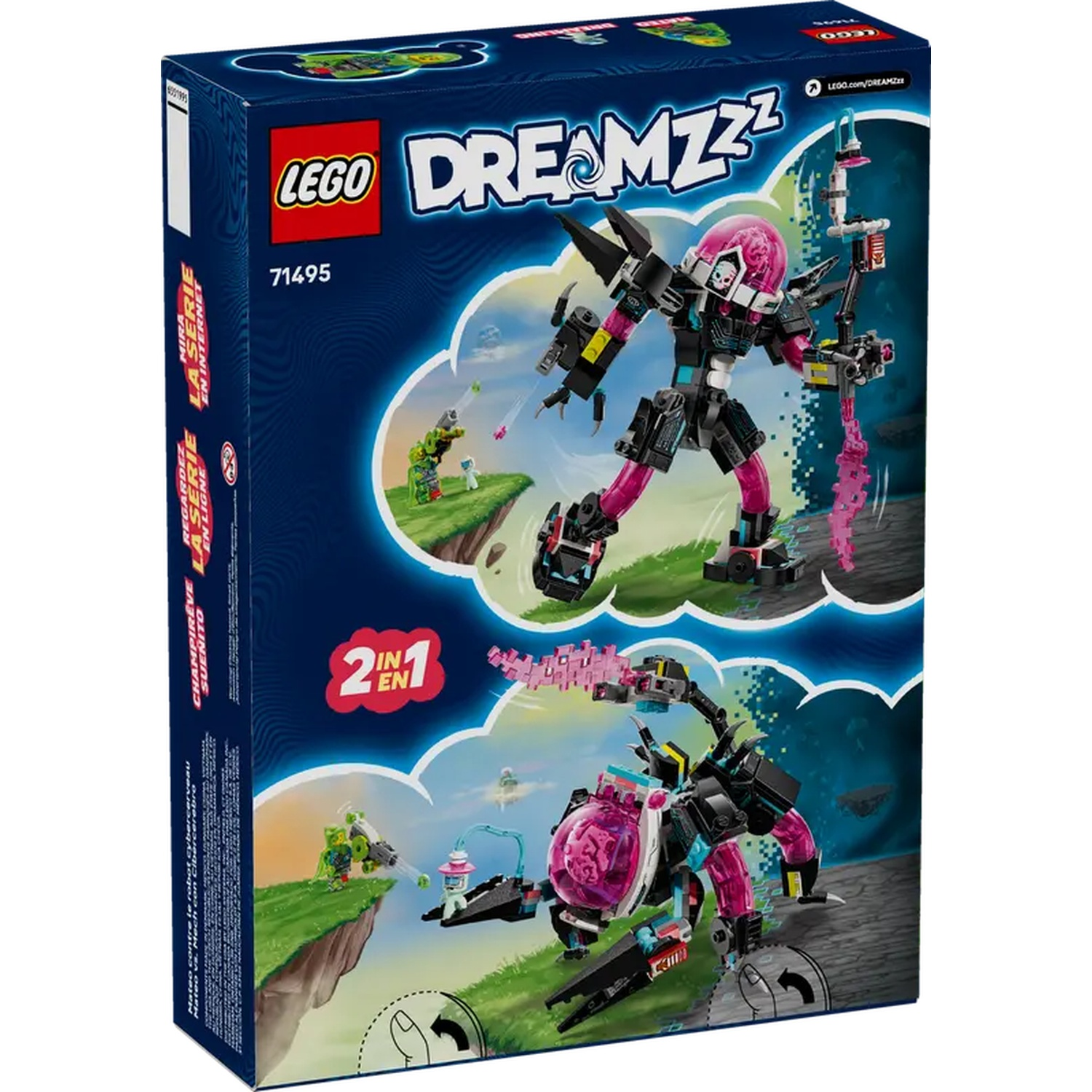 Lego Dreamzzz doos. Voorkant toont een robotfiguur met roze benen, een hersenachtige kop en een 2-in-1 ontwerp.