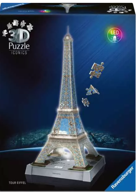 Schachtelkunst eines 3D-Eiffelturm-Puzzles mit LED-Leuchten. Der Turm ist blau und hat fallende Puzzleteile.