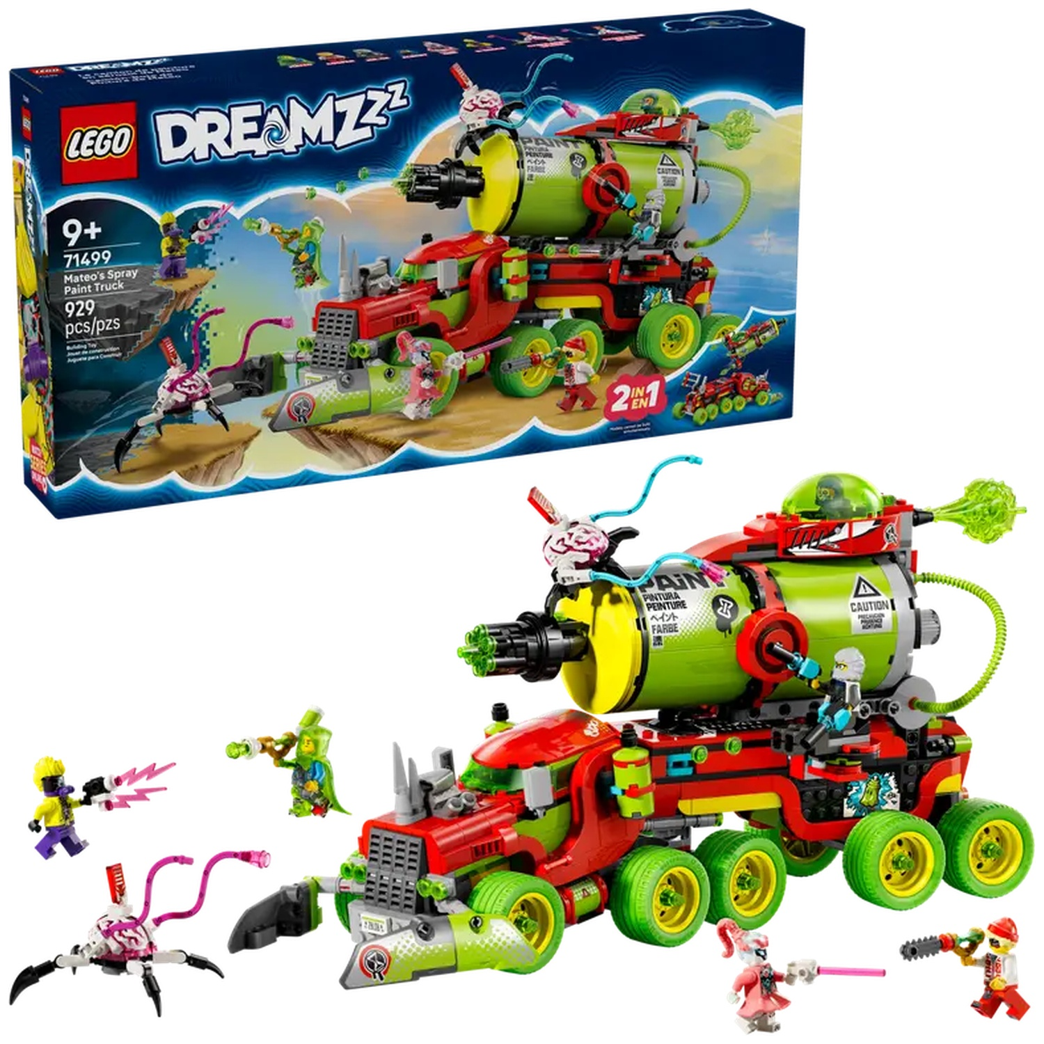 Lego Dreamzzz set met een rood-groene vrachtwagen, verschillende minifiguren en een doos met het ontwerp van de set.