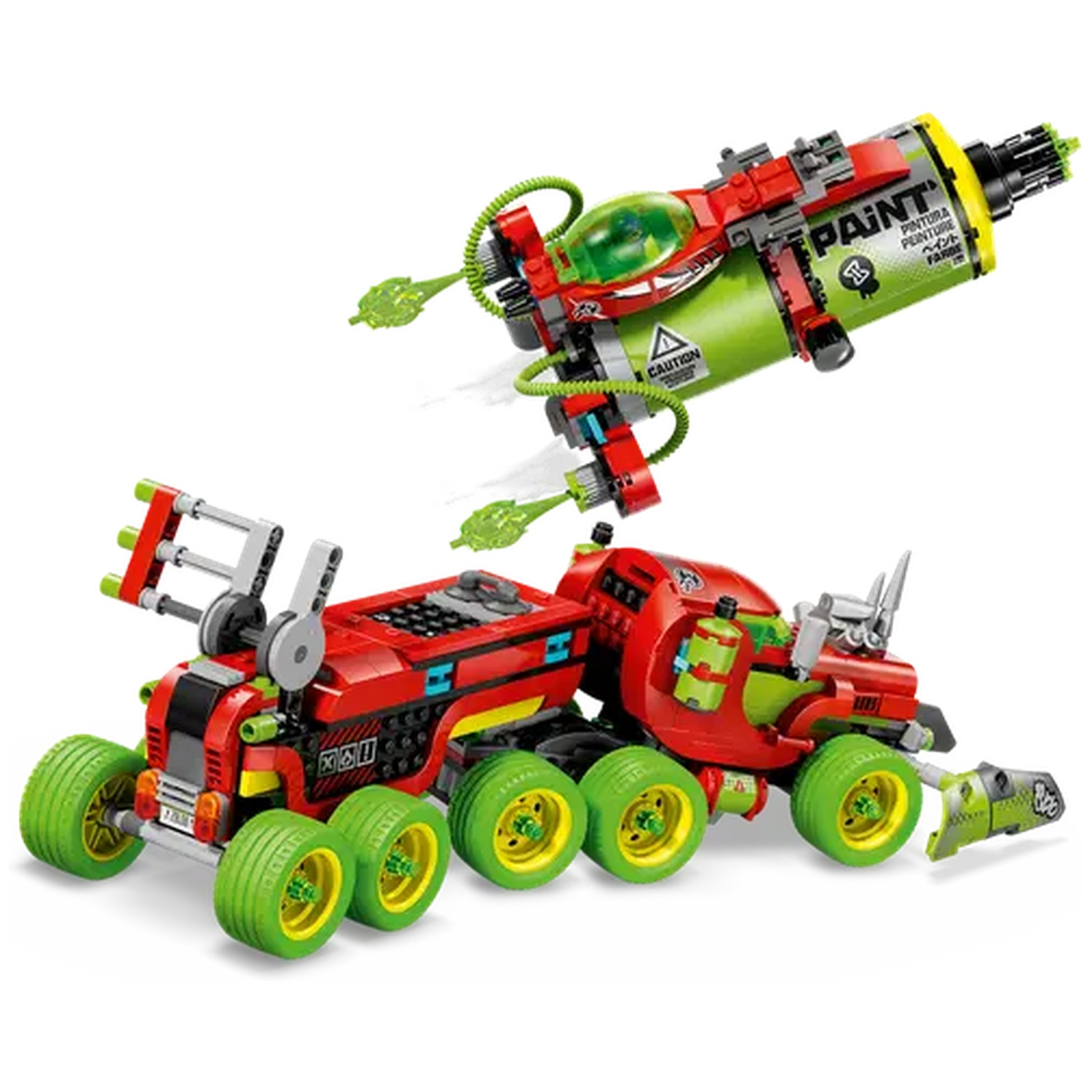 Een rood en groen speelgoedvoertuig met zes groene wielen en een vliegend verfkanon.