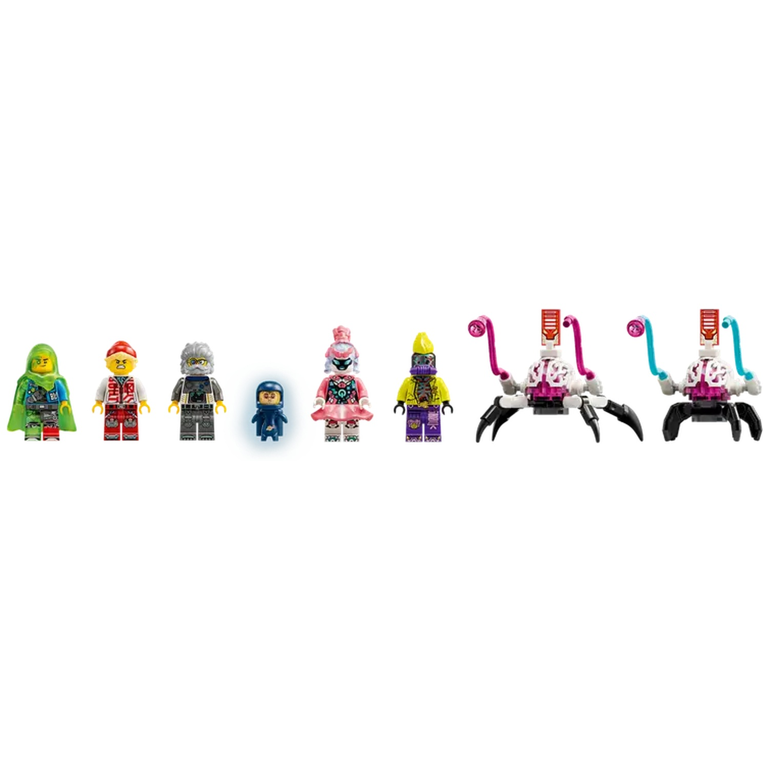 Zeven Lego-figuren en twee spinachtige robots staan op een rij. De figuren hebben verschillende ontwerpen en kleuren. De robots zijn wit en roze.
