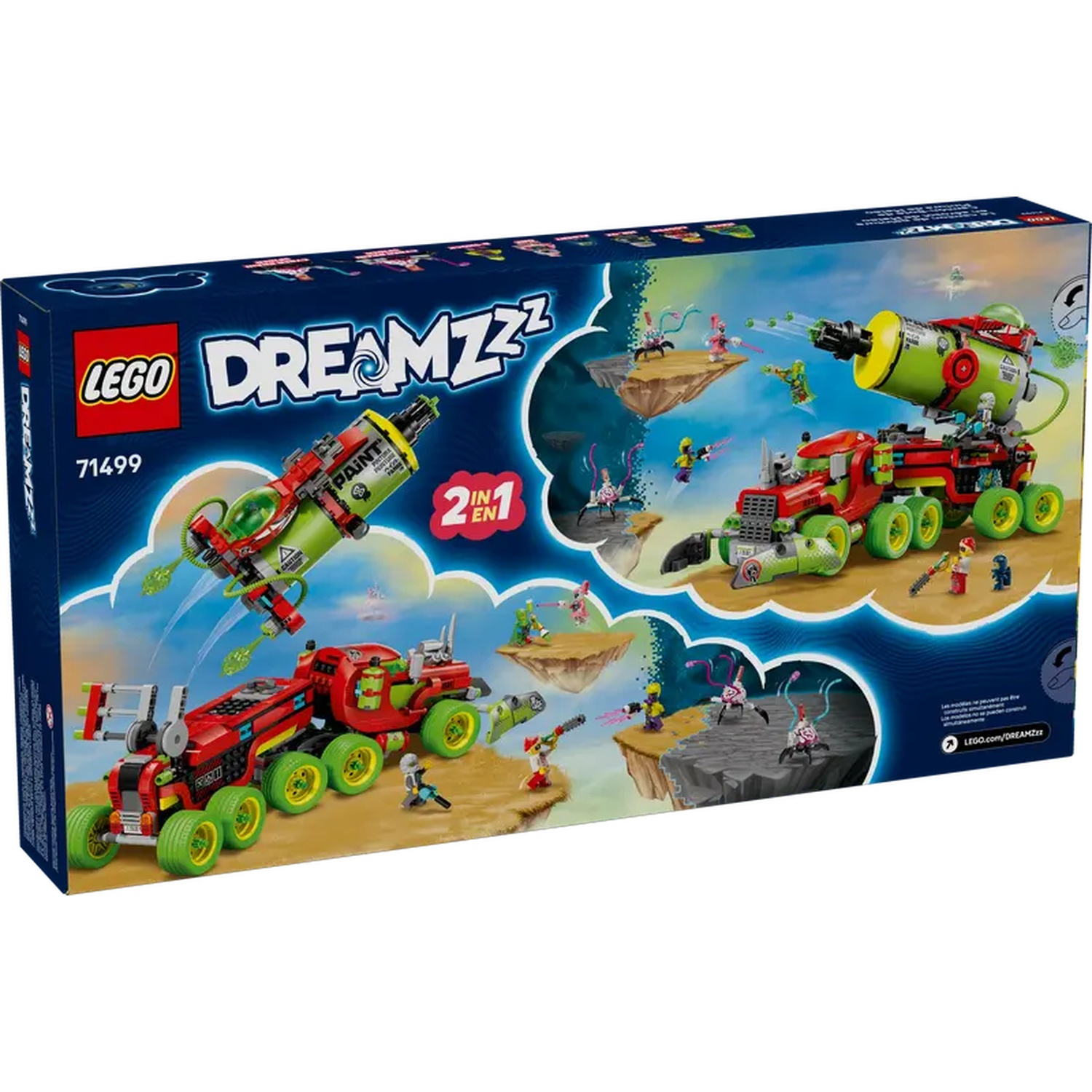 Lego Dreamzzz doos. Rode en groene truck met gele wielen. Figuren op zwevende eilanden. Groen en geel kanon.