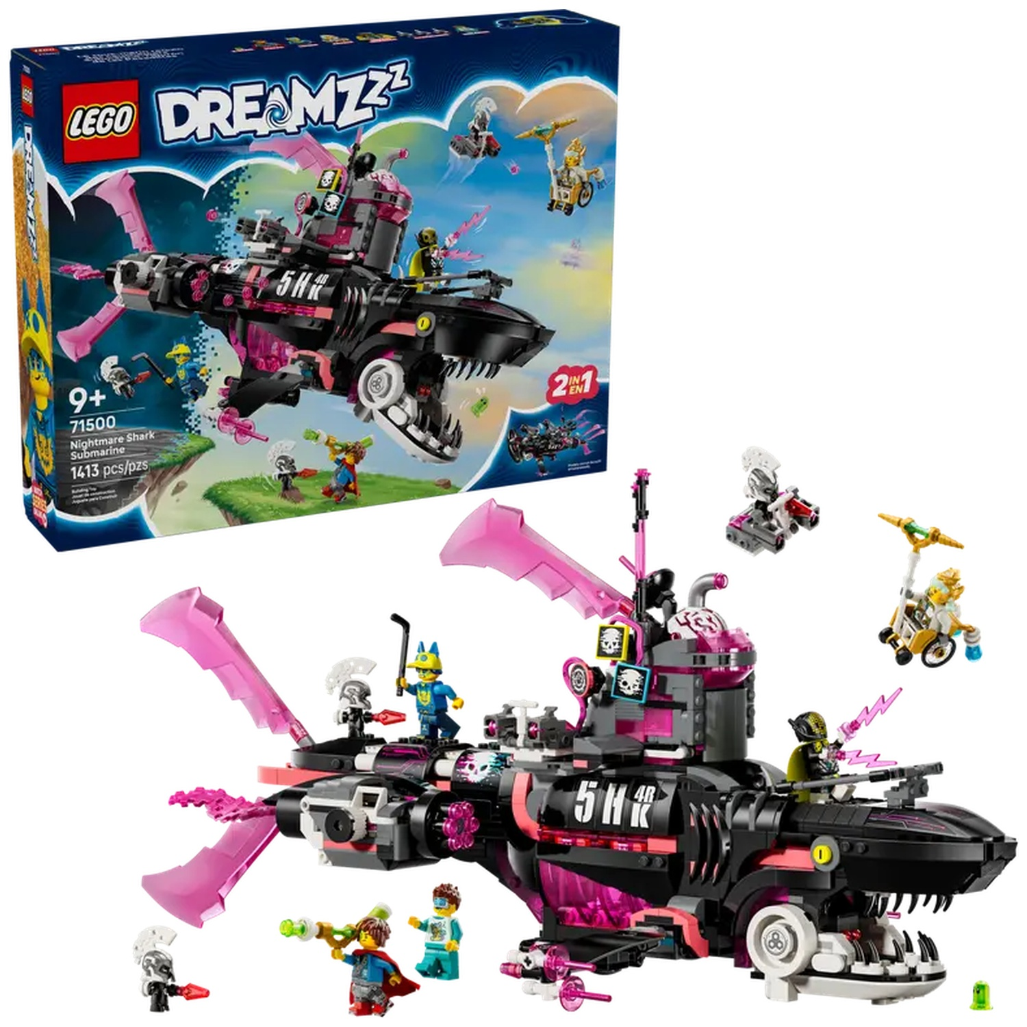 Lego Dreamzzz set. Een zwarte haai-onderzeeër met roze accenten, minifiguren en dooskunst. De set bevat meerdere figuren.
