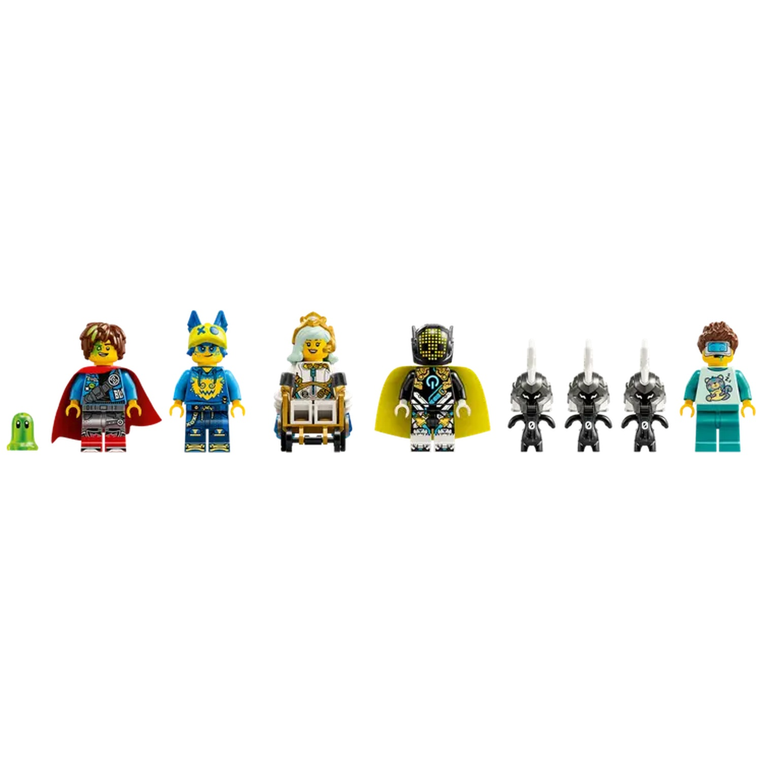 Lego-minifiguren: een groene blob, vijf mensachtigen en drie robots. De mensachtigen zijn onder meer een superheld, een jongen en een koningin.